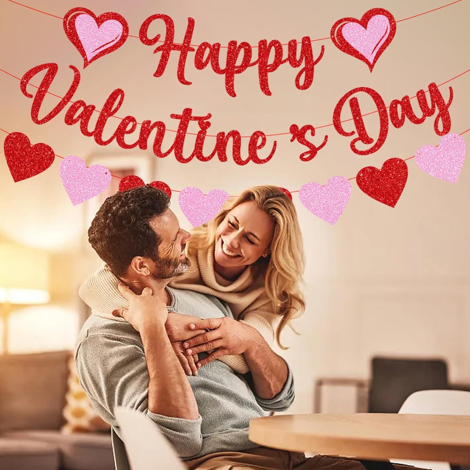 Glittery Heart Valentine's Day Banner, Red & Pink Sparkling Hollow Heart Shape DIY Paper Banner for Wedding Decoration