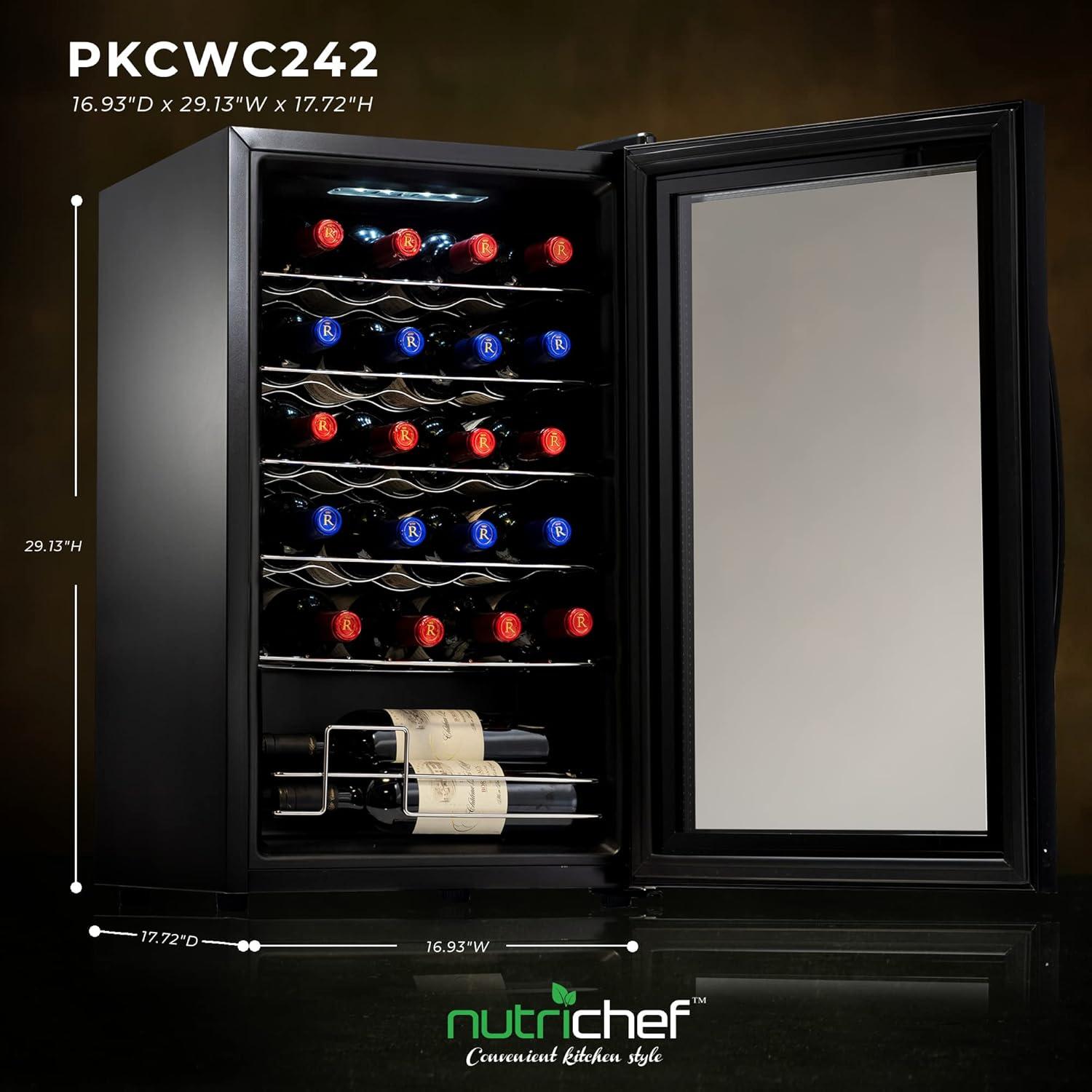 NutriChef 24-Bottle Black Glass Freestanding Wine Cooler with LED Lighting