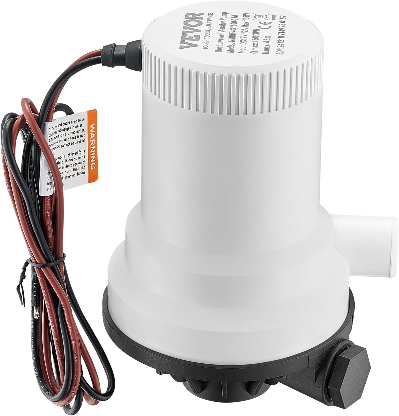 Livewell Pump for Boat 12V 1600 GPH Straight Livewell Aerator Pump with Dual Inlet ABA Housing for Freshwater Saltwater