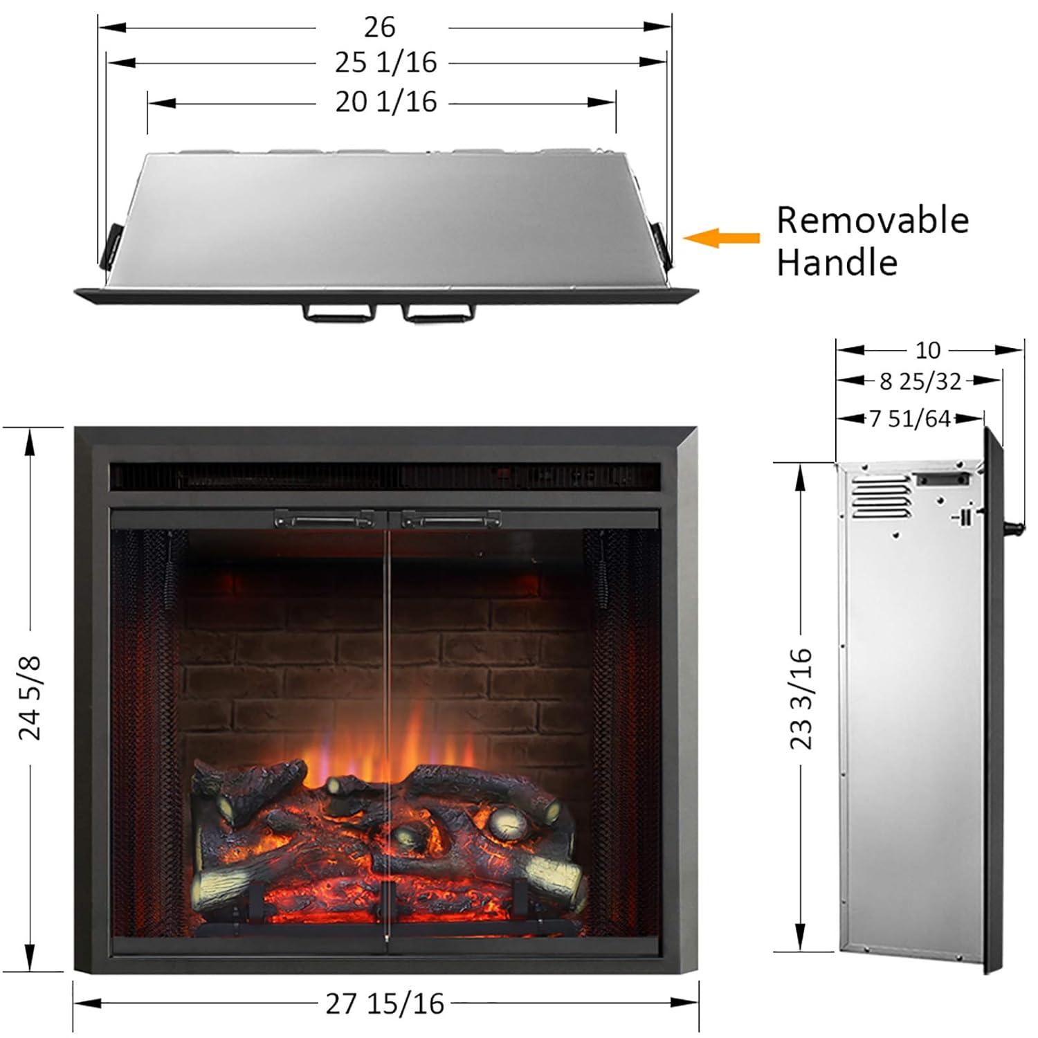PuraFlame Klaus Electric Fireplace Insert with Fire Crackling Sound Glass Door and Mesh Screen, 750/1500W, Black, 26 Inches Wide, 23 3/16 Inches High, 26 W X 23 3/16 H X 7 51/64 D