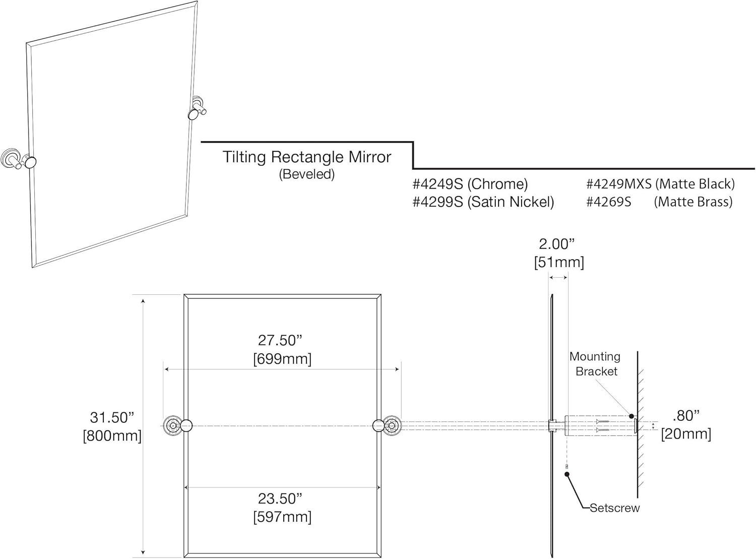 Latitude II Wall Mounted Frameless Beveled Rectangle Mirror | Pivoting Bathroom Vanity Wall Mirror