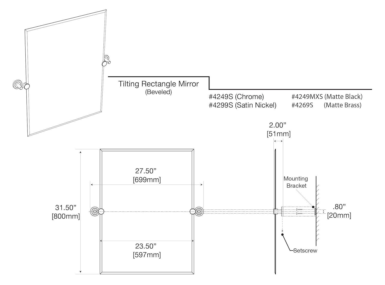 Latitude II Wall Mounted Frameless Beveled Rectangle Mirror | Pivoting Bathroom Vanity Wall Mirror