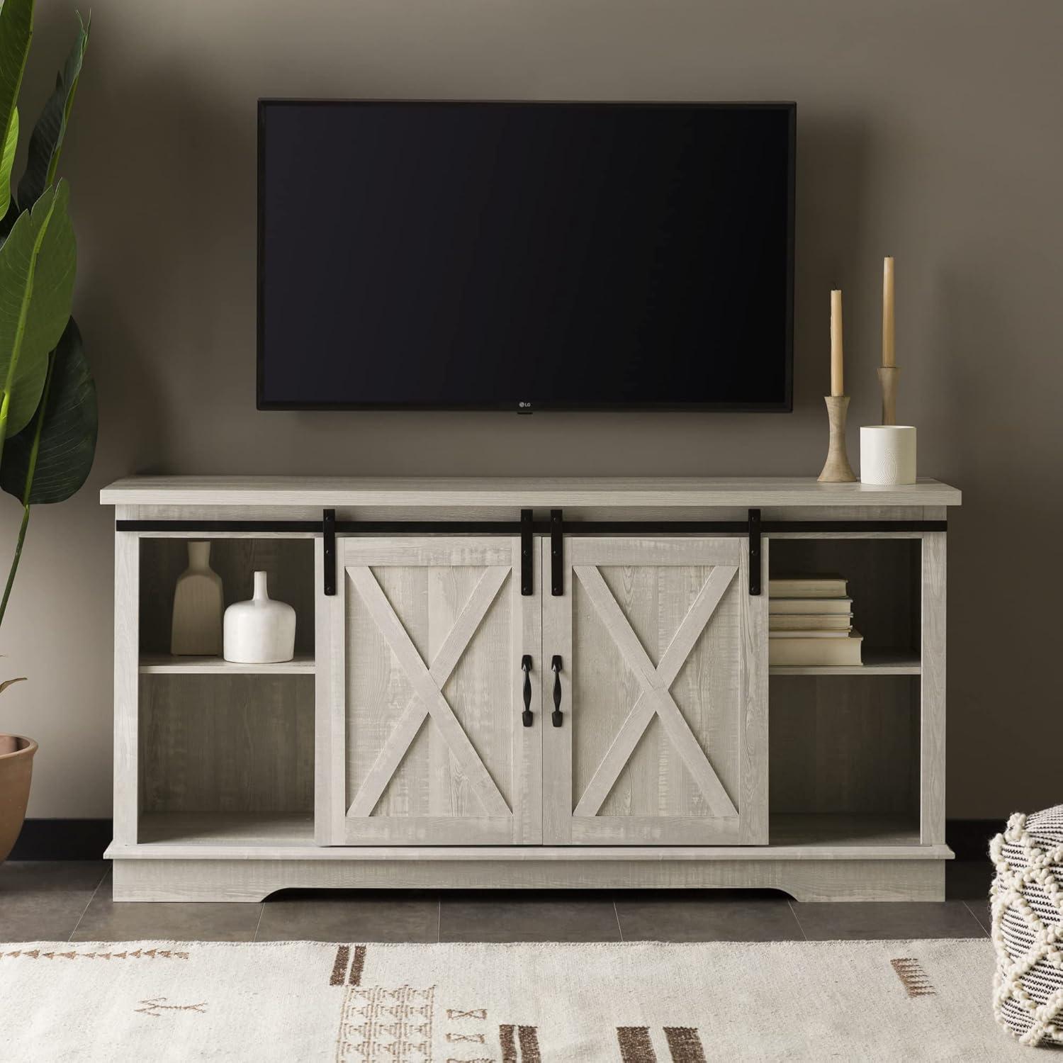 Stone Grey Modern Farmhouse 58" TV Stand with Barn Door Cabinets