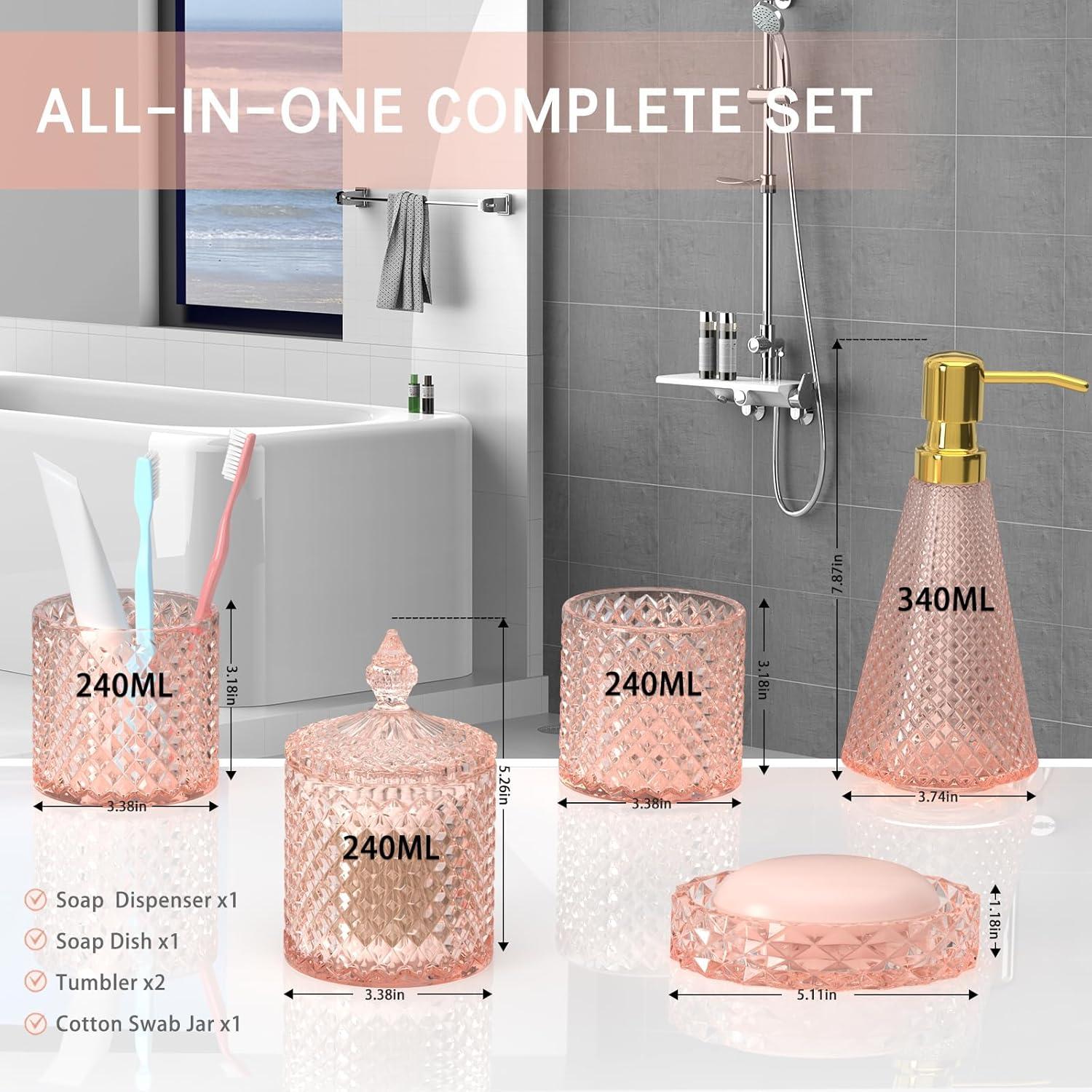 Pink Diamond-Cut Glass and Gold Bathroom Accessory Set