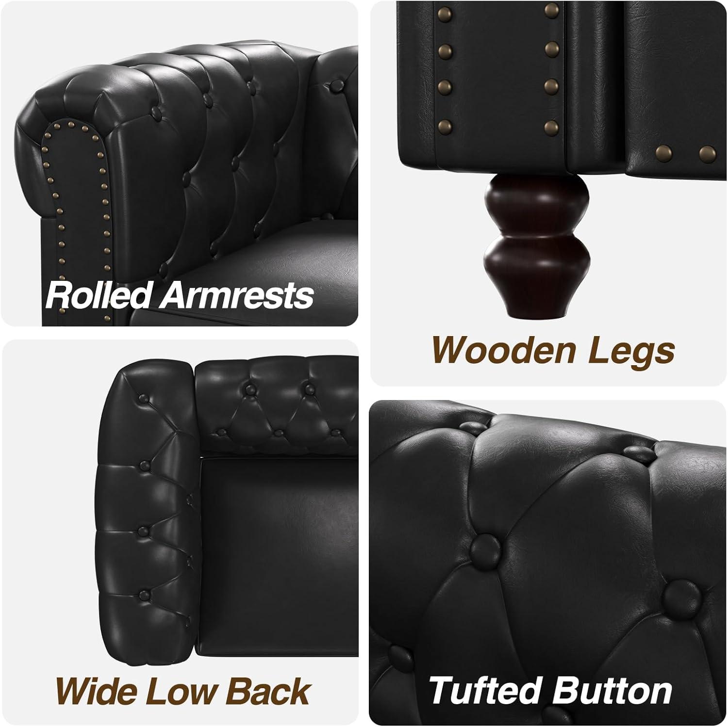 Alcott Hill® 72 Inch Couch Chesterfield Leather Sofa With Wooden Legs