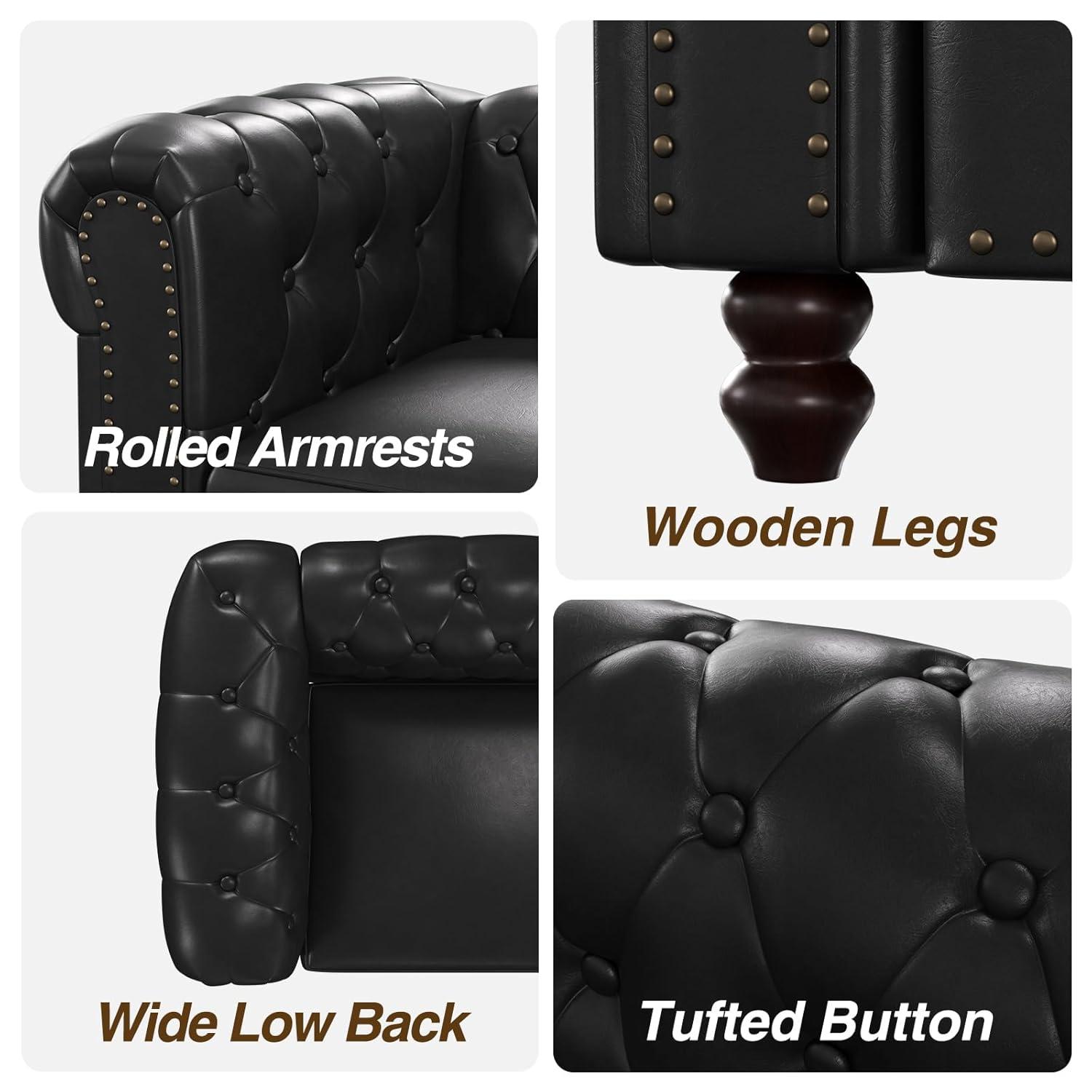 Alcott Hill® 72 Inch Couch Chesterfield Leather Sofa With Wooden Legs