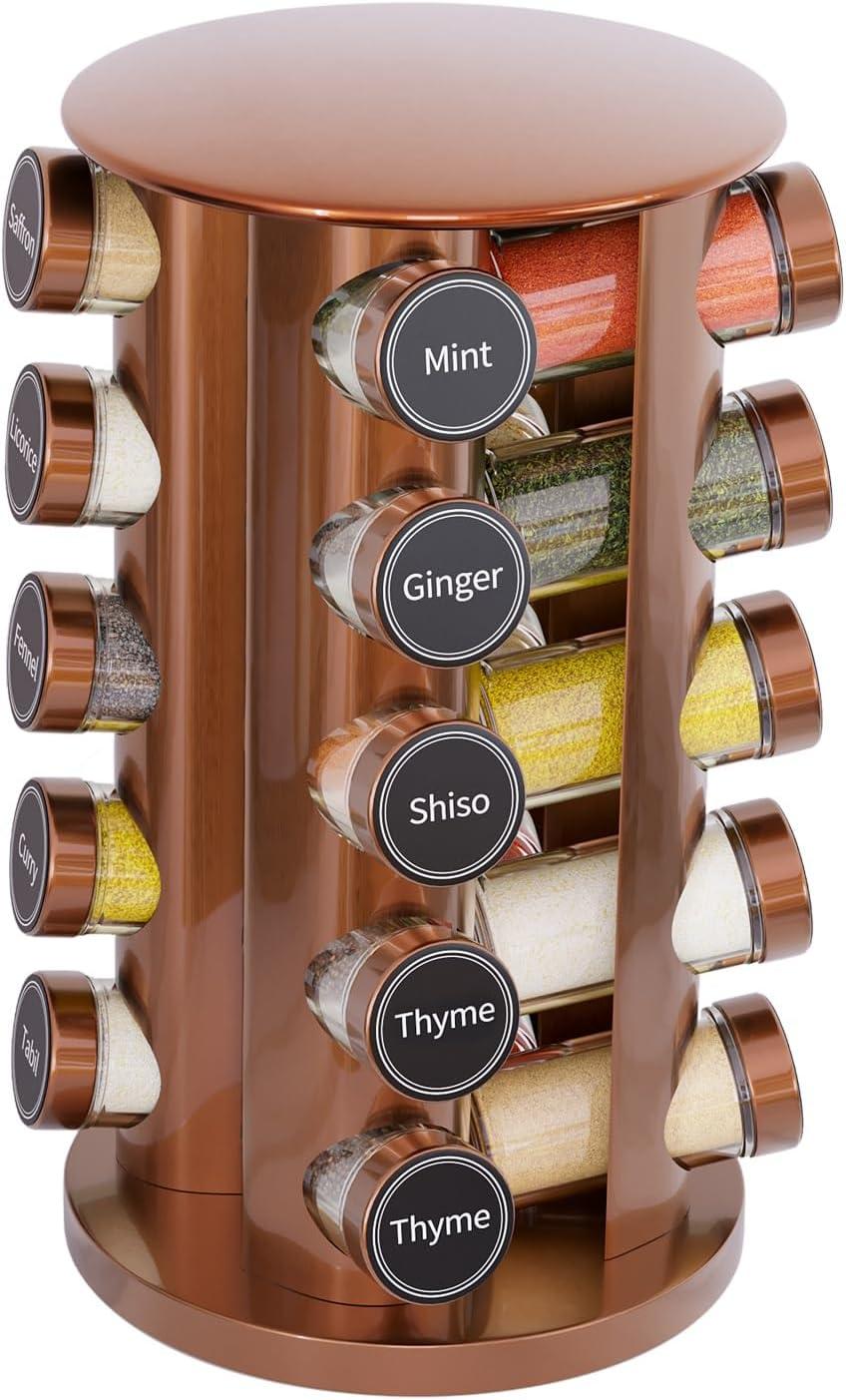 New England Stories Revolving Spice Rack Set with 20 Spice Jars - Kitchen Spice Tower Organizer for Countertop or Cabinet, Includes 386 Spice Labels, Rotating Desktop Seasoning Organizer
