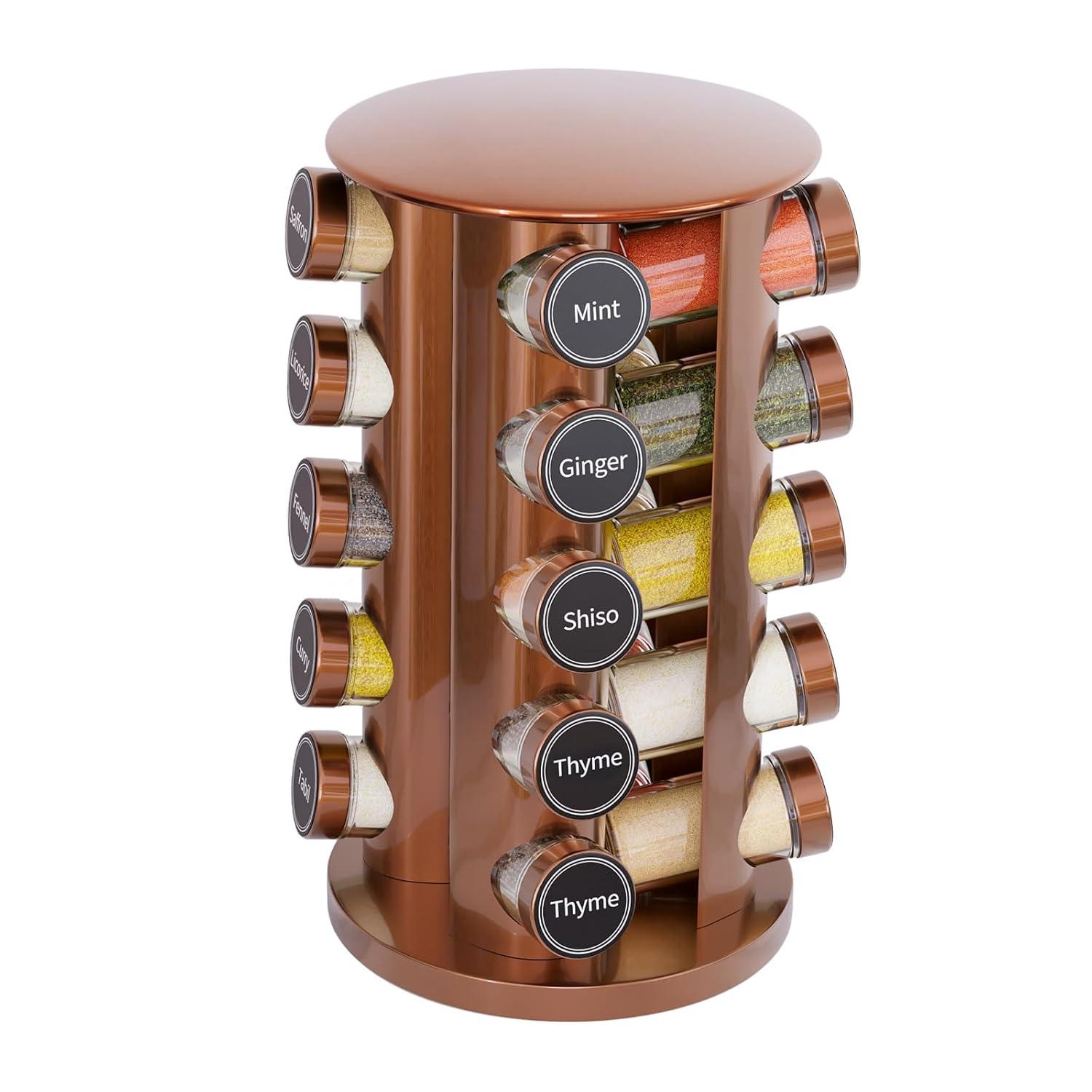 New England Stories Revolving Spice Rack Set with 20 Spice Jars - Kitchen Spice Tower Organizer for Countertop or Cabinet, Includes 386 Spice Labels, Rotating Desktop Seasoning Organizer