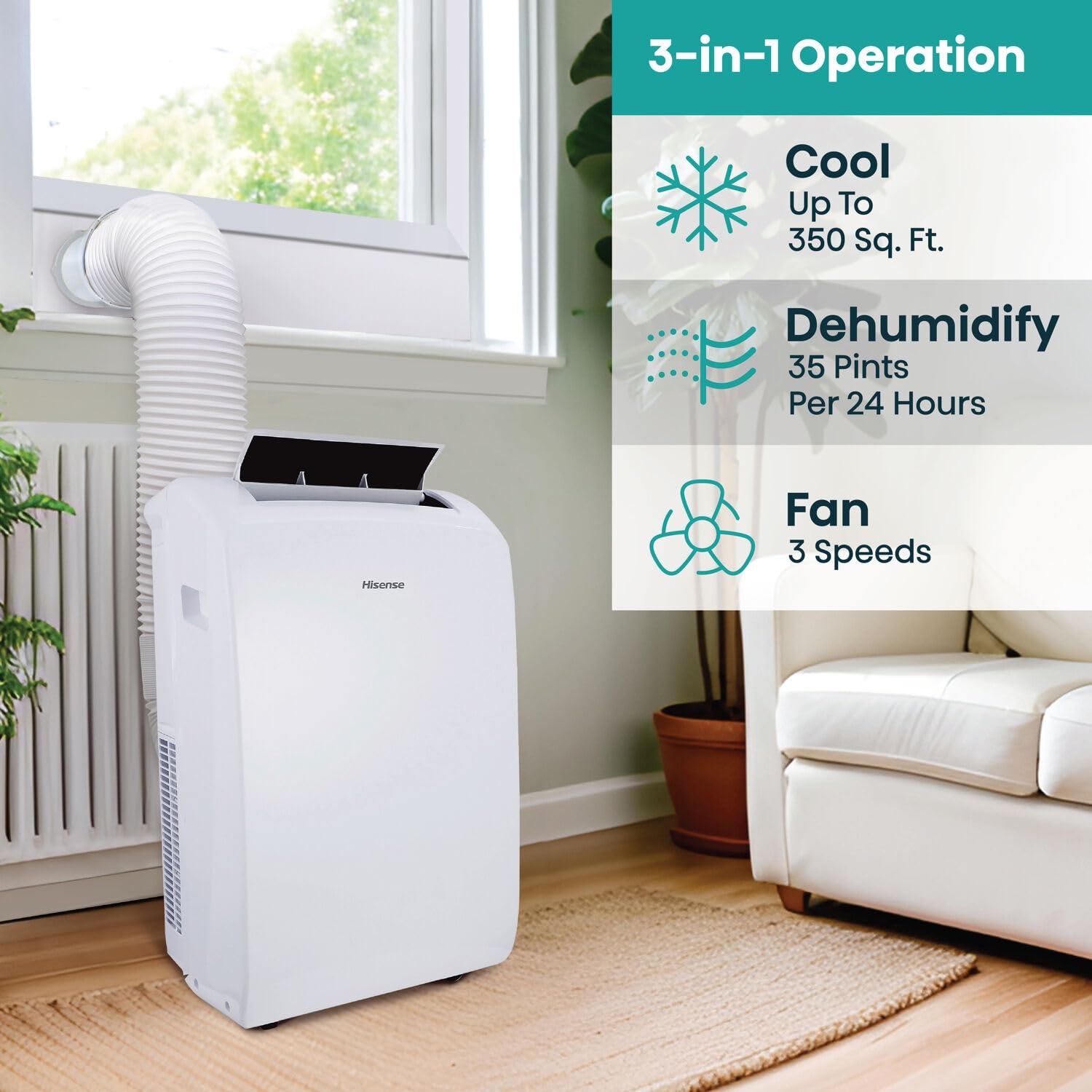 HiSense Hisense 8,000 BTU Smart Portable Air Conditioner with Wi-fi Controls, Dehumidifier and Remote, AC for Apartment, Bedroom, Medium Rooms up to 350 Square Feet in White