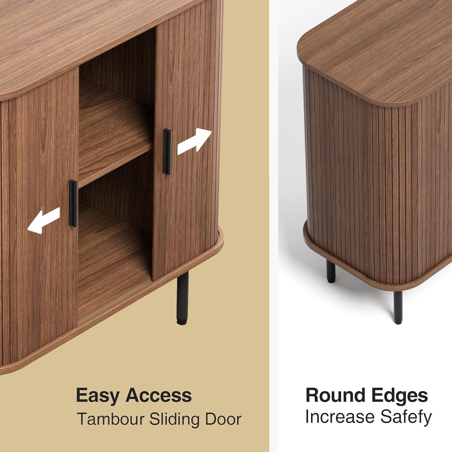 31''W Walnut Buffet Sideboard Cabinet with Storage, Fluted Accent Storage Cabinet with Curvy Edge, Sliding Door, Freestanding Credenza, Console Table for Living Room, Kitchen, Hallway