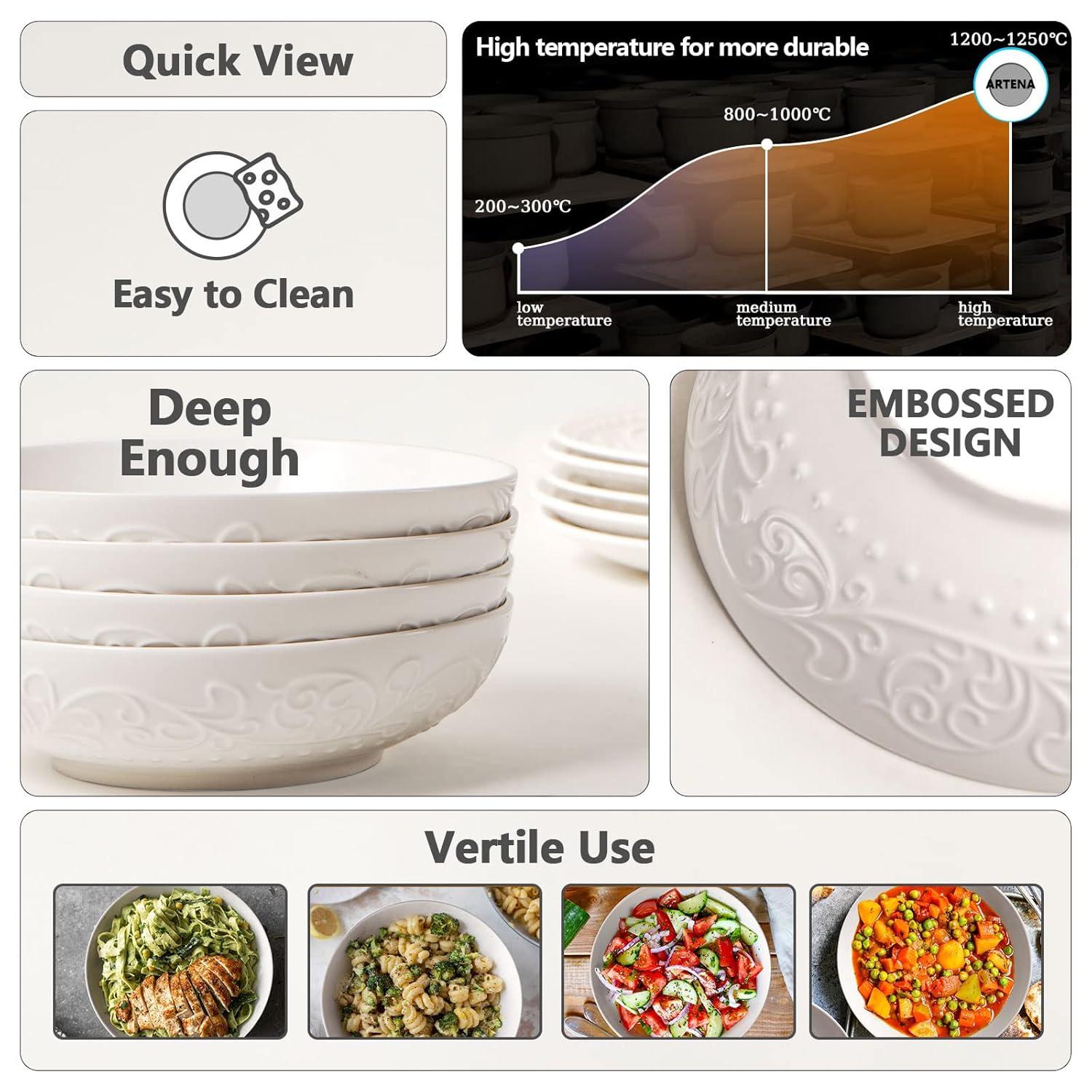 Artena Pasta Bowls 32oz, Ceramic Large Salad Bowls 8 inch, White Embossed Soup Bowl Set of 4 for Serving, Entertaining, Dinner Spaghetti, Wide Shallow, Microwave Dishwasher Oven Safe