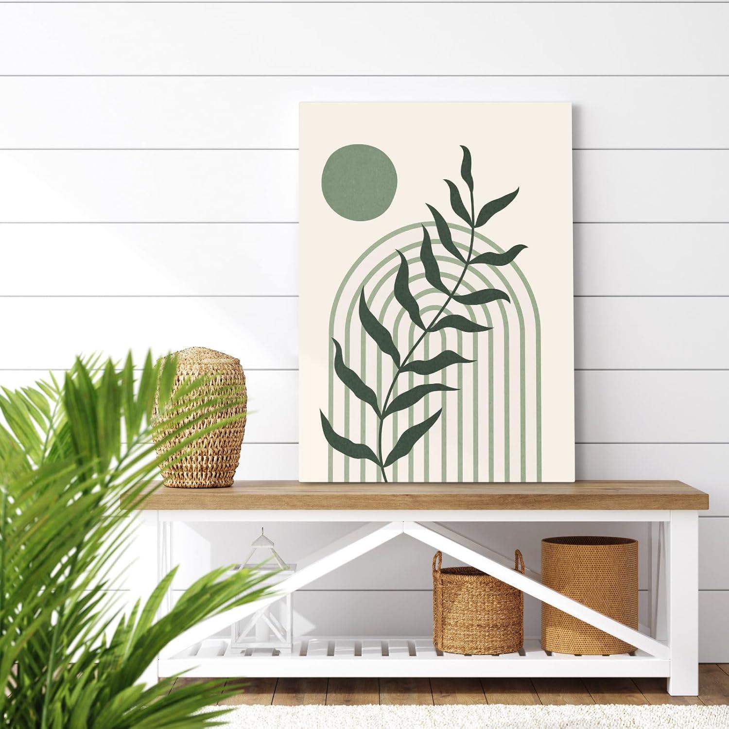 Boho Wall Art, Mid Century Modern Wall Art, Set of 3 Framed Canvas Wall Art Prints 12"x16" Abstract Geometric Neutral Sage Green Boho Artwork Wall Decor for Bedroom Living Room Bathroom