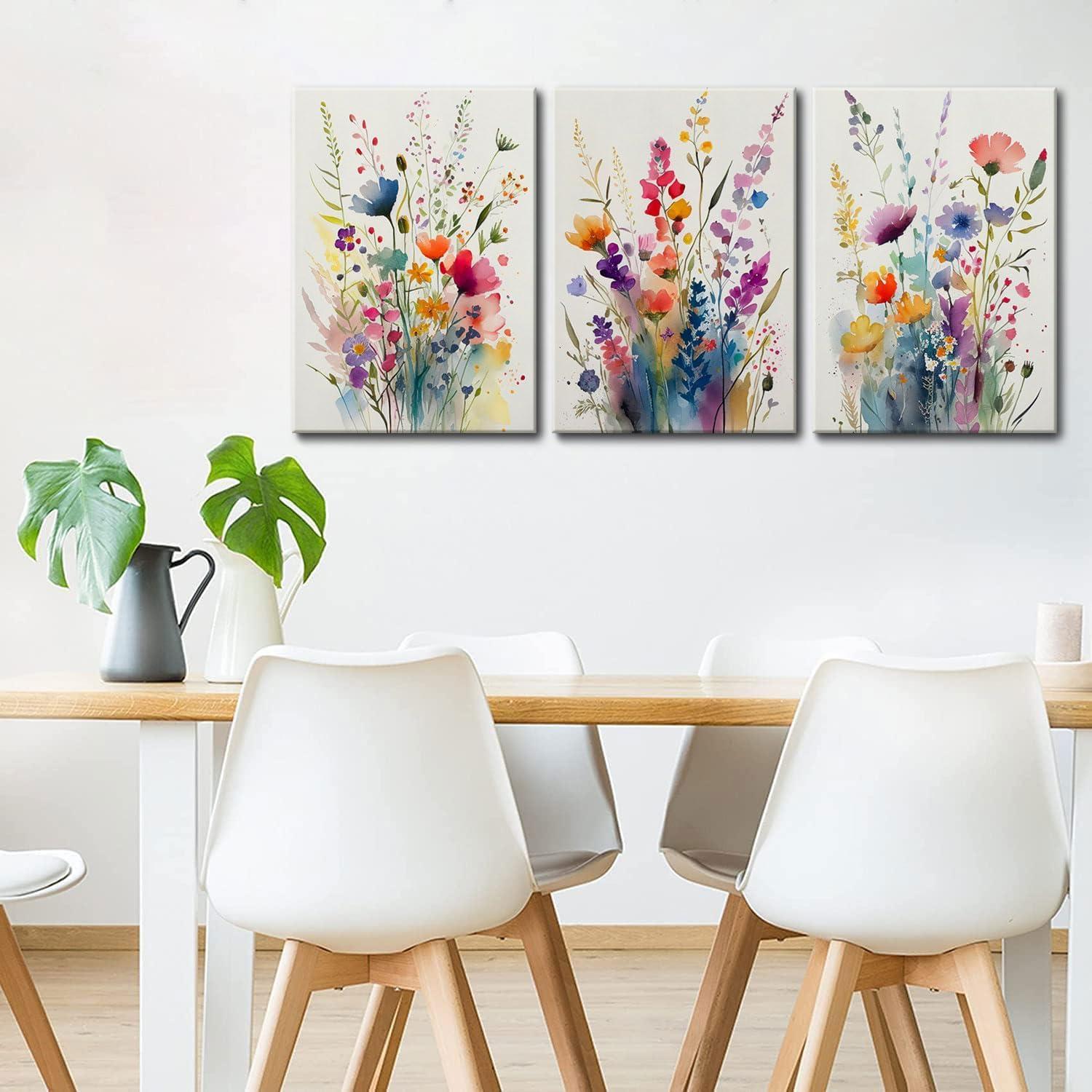 JRXY 3 Pcs Framed Watercolor Floral Botanical Canvas Wall Art Colorful Wildflower Plant Paintings Prints Posters 12x16 in