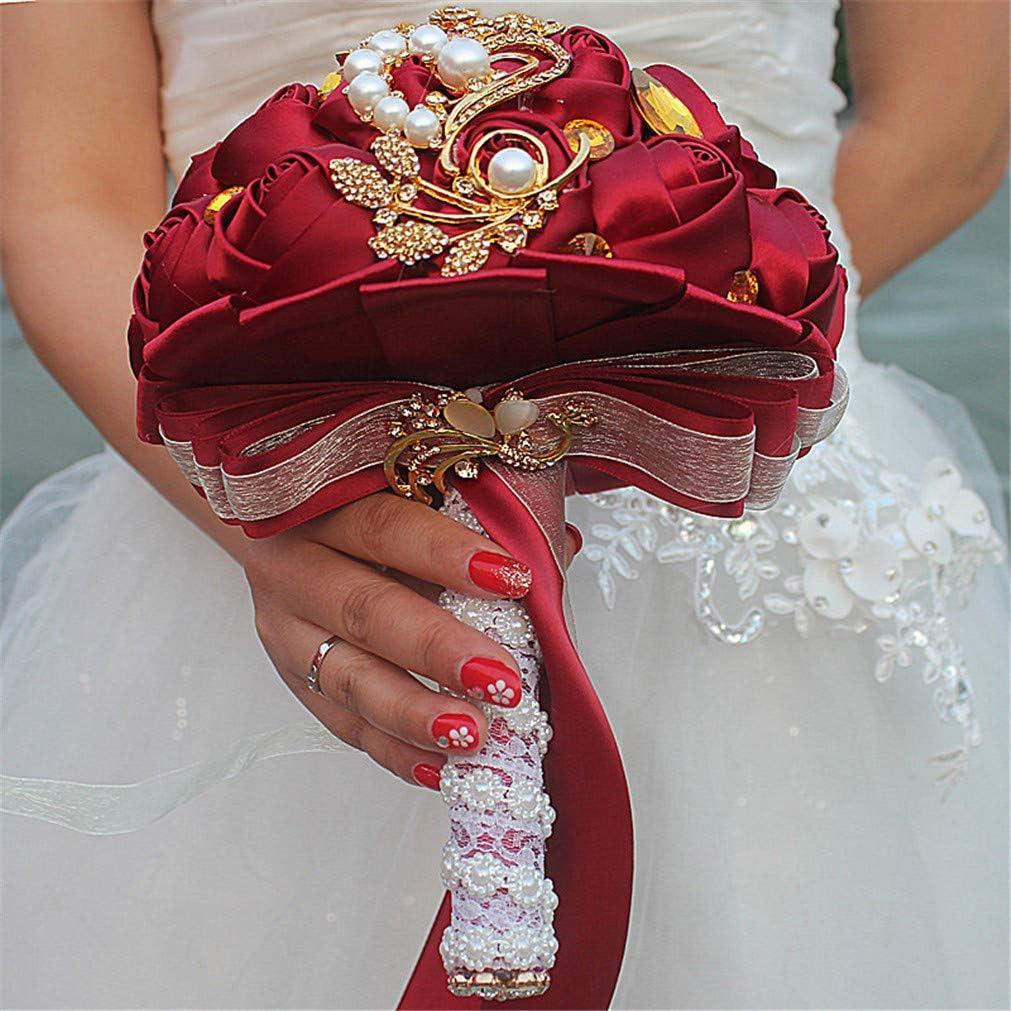 Customization Satin Rose Wedding Bouquet Gold Brooch Crystal Rhinestone Bride Bouquet Wedding Flowers, Burgundy