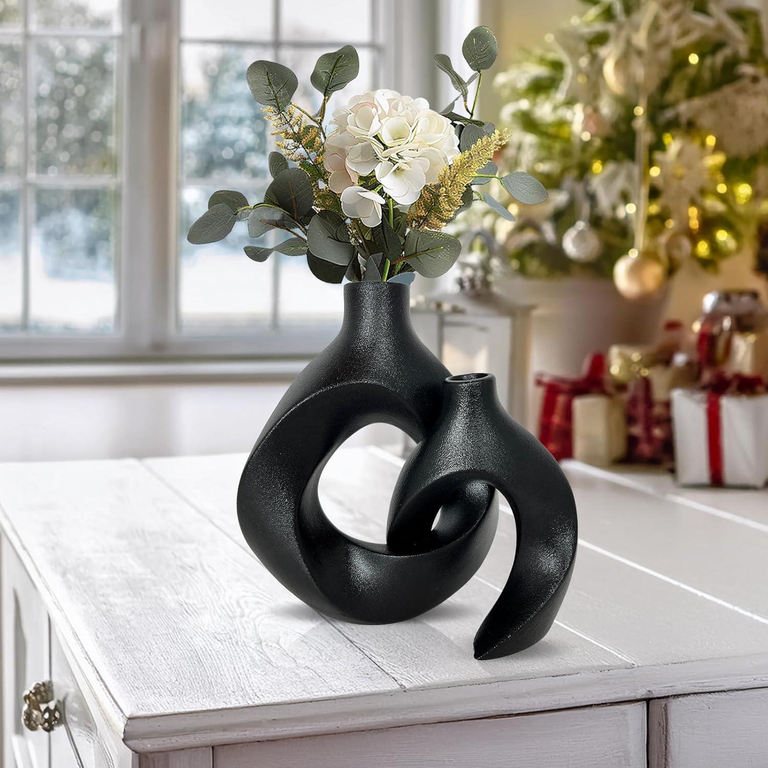 Matte Black Ceramic Decorative Vase Set with Curved Design