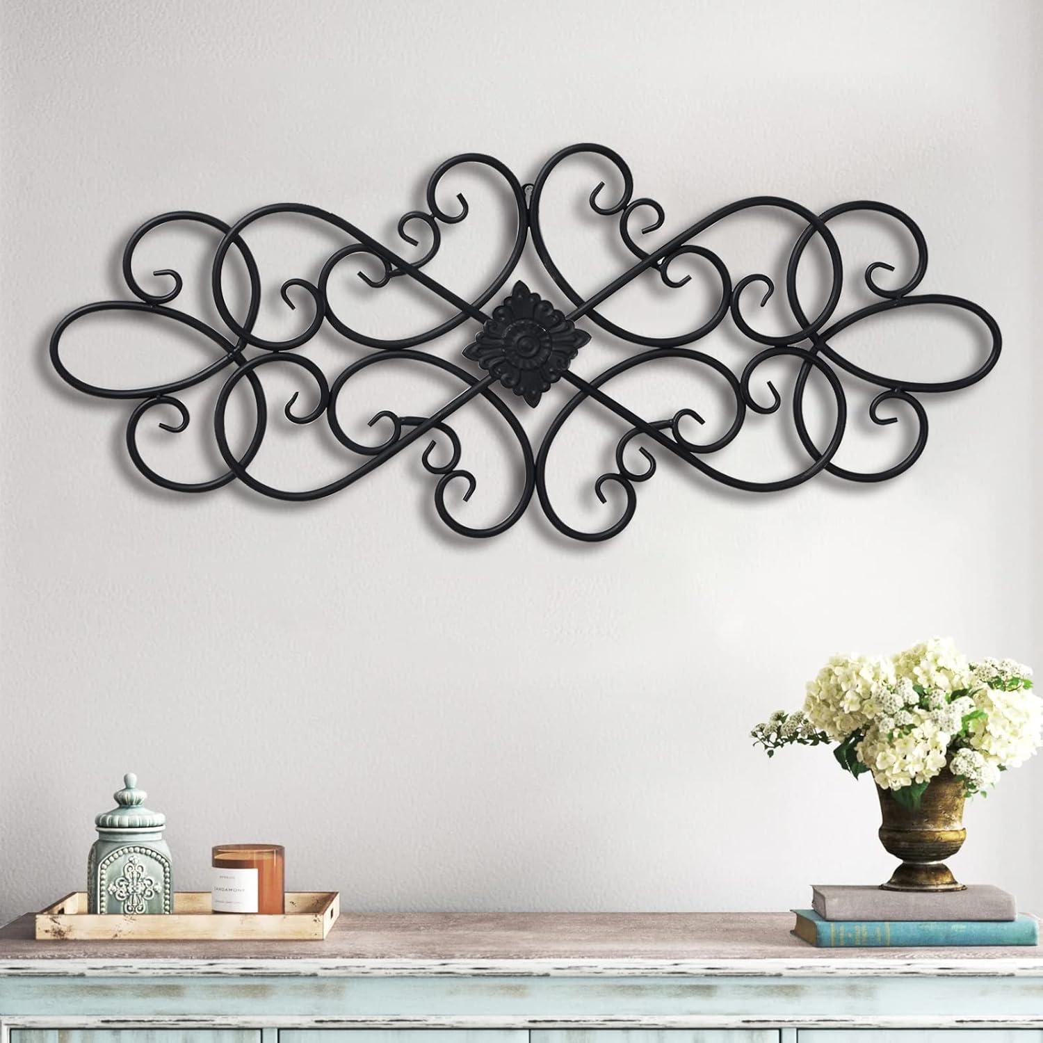 Sintosin Farmhouse Black Wrought Iron Wall Decor 32" x 13", Hanging Flower Plaque Scroll Metal Wall Art  Bedroom Home Decor