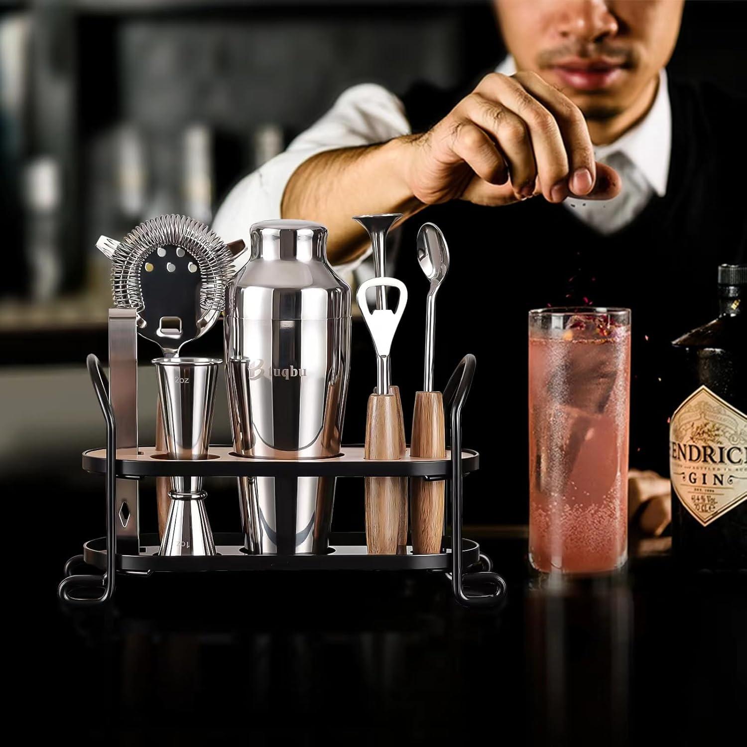 Stainless Steel Mixology Bartender Kit with Wooden Stand