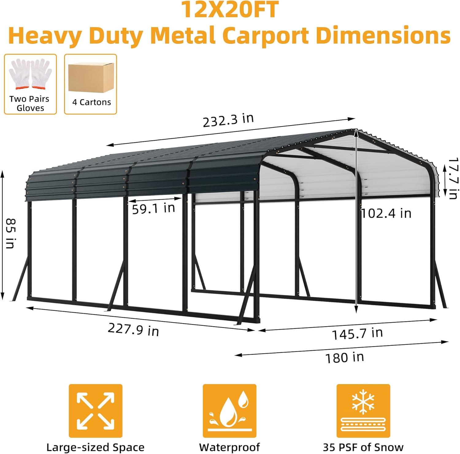 12' x 20' Heavy Duty Metal Carport with Galvanized Steel Roof, Metal Roof Carport with Enhanced Base, Tall Metal Carport Kits Garage for Tractors, Pickup, Boat, Car