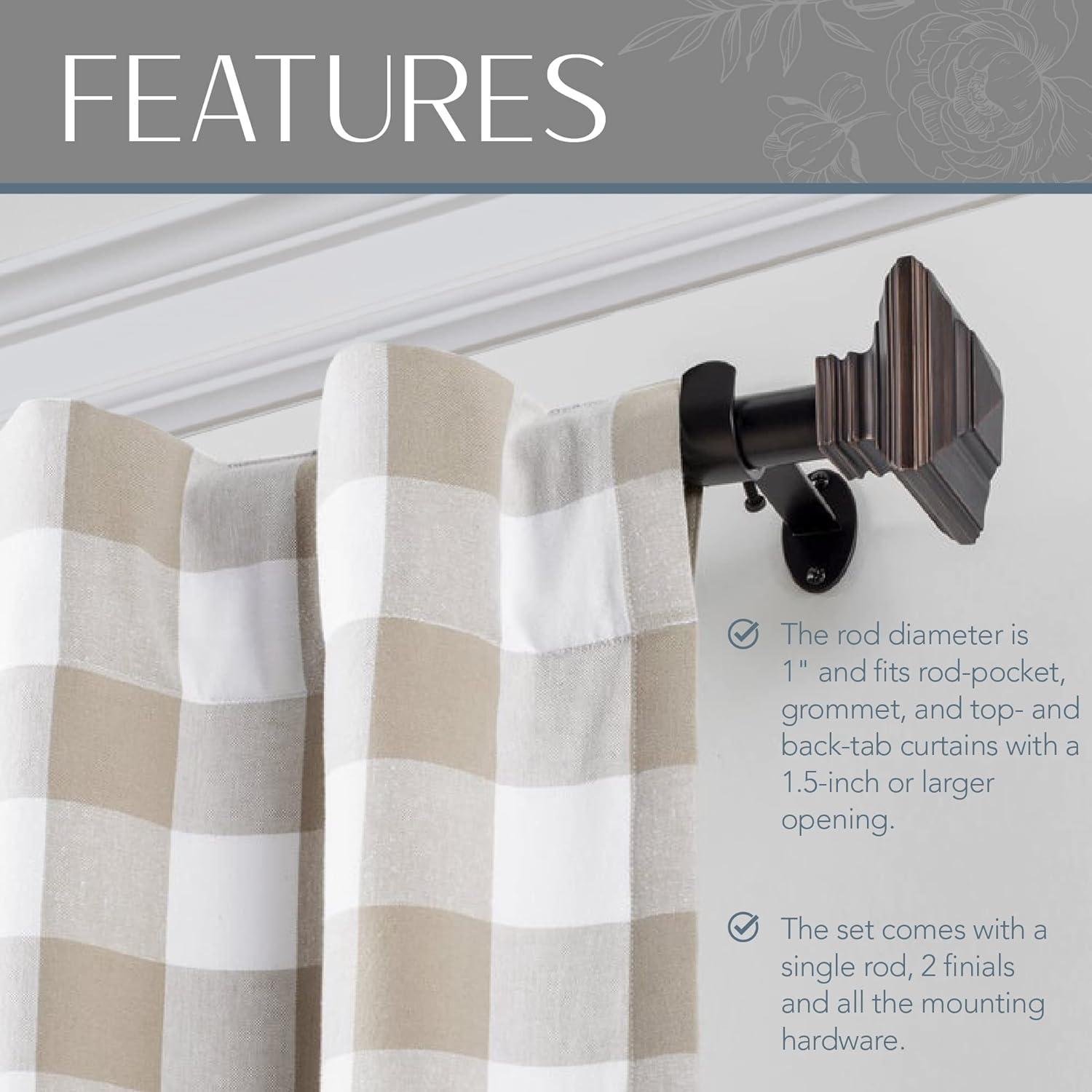 Florence 1" Window Drapery Single Curtain Rod with Stacked Square Finial - 28"-48" - Nickel - Elrene Home Fashions