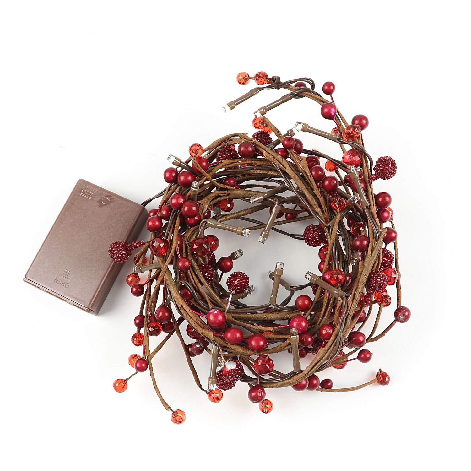 Rhytsing Red Berry Garland with 30 LED Lights, Battery Operated  with Timer Function for Christmas - 5.9FT