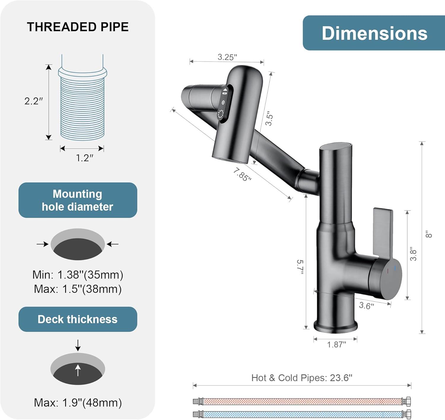 Lefton Rotatable Single Hole Bathroom Faucet with Temperature Display BF2204