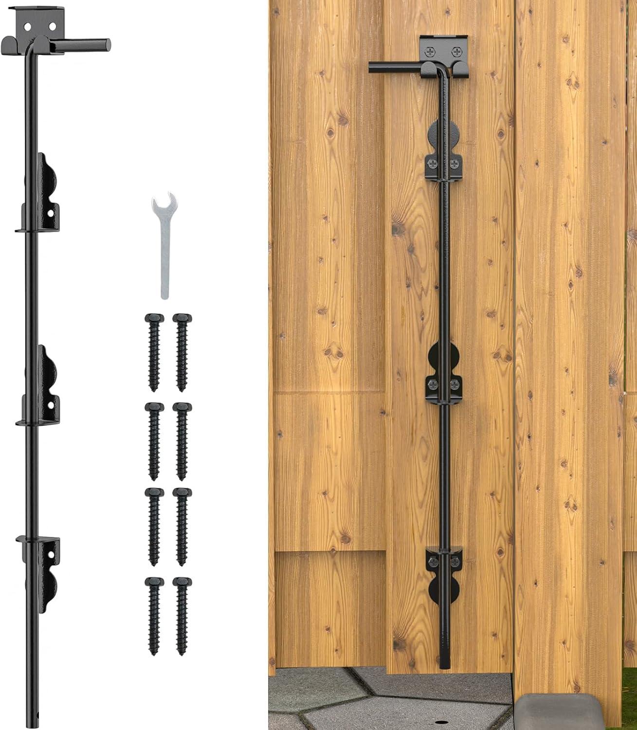 24 Inch Cane Bolt Gate Drop Rod Heavy Duty Gate Hardware, Gate Ground Latch for Wooden Fences, Metal Gates Doors Stopper for Gate Ground, Wrought Iron Gate Latches, Black Finish(2 Pack)