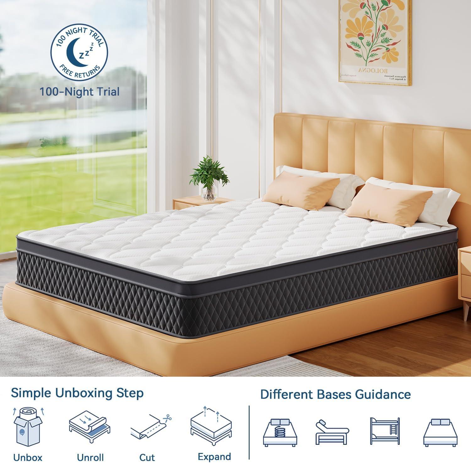 ELEMUSE 12 Inch Queen Mattress, Medium Pillow Top Hybrid Mattress-in-a-Box