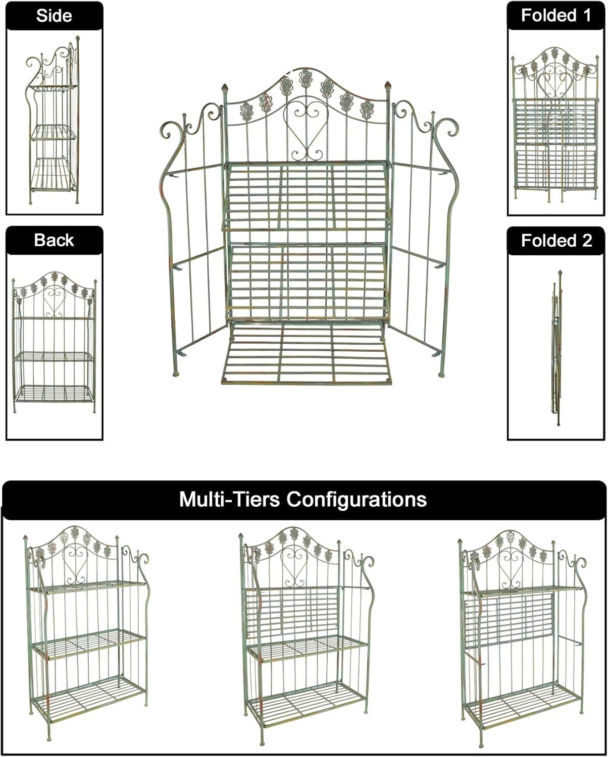 Pre-Assembled Folding Metal Shelf | Plant Stand | Shelving Unit | Bookcase | Outdoor Baker's Rack with Scrolling Heart & Peacock Tail Motif