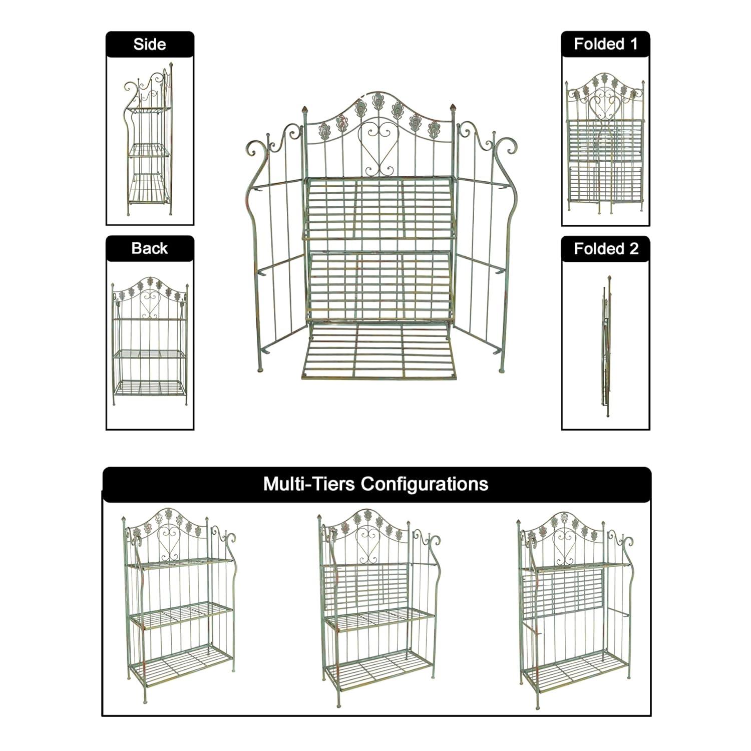 Pre-Assembled Folding Metal Shelf | Plant Stand | Shelving Unit | Bookcase | Outdoor Baker's Rack with Scrolling Heart & Peacock Tail Motif