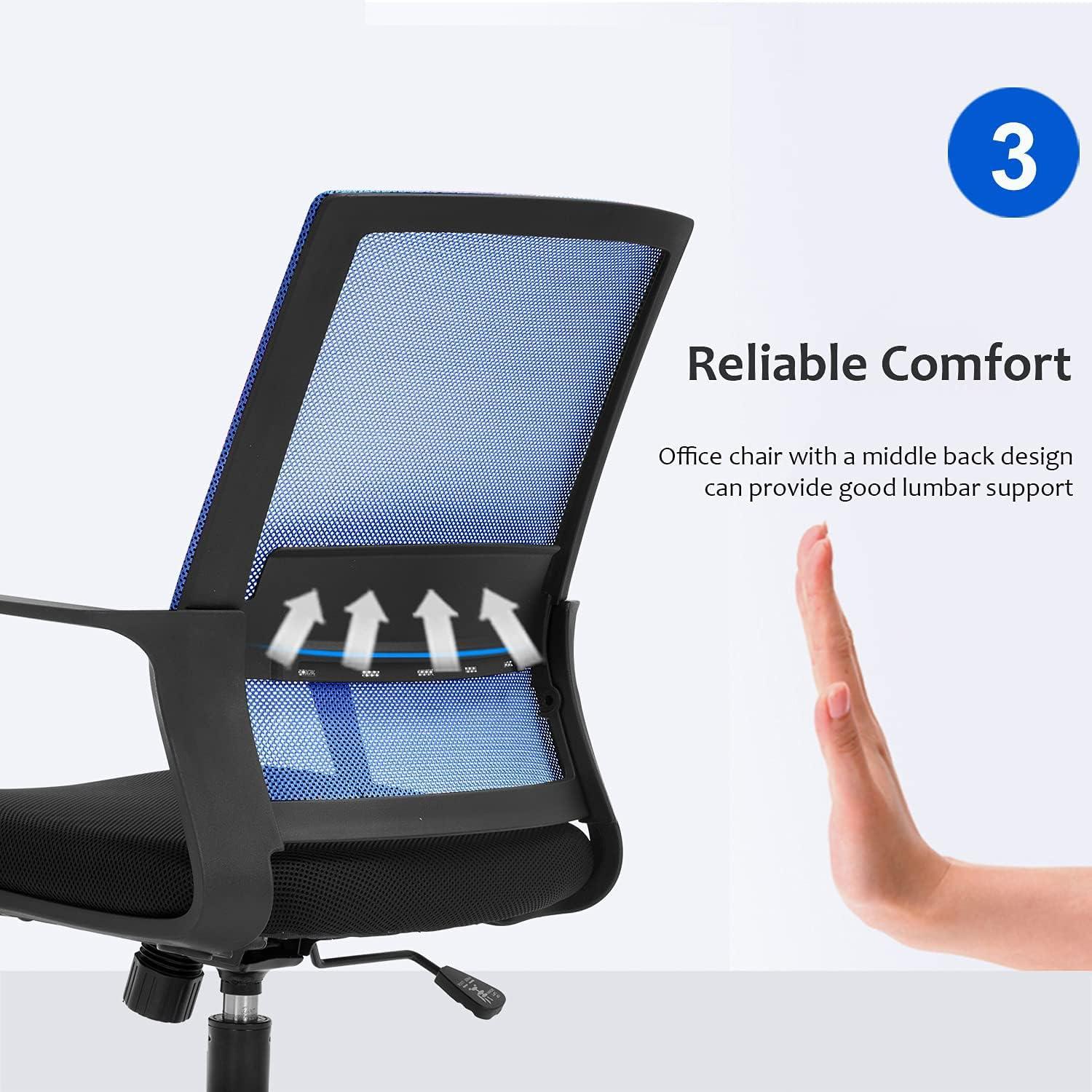 FDW Home Office Chair Mid-Back Mesh Computer Chair Lumbar Support Comfortable Executive Adjustable Chair with Armrests,Blue