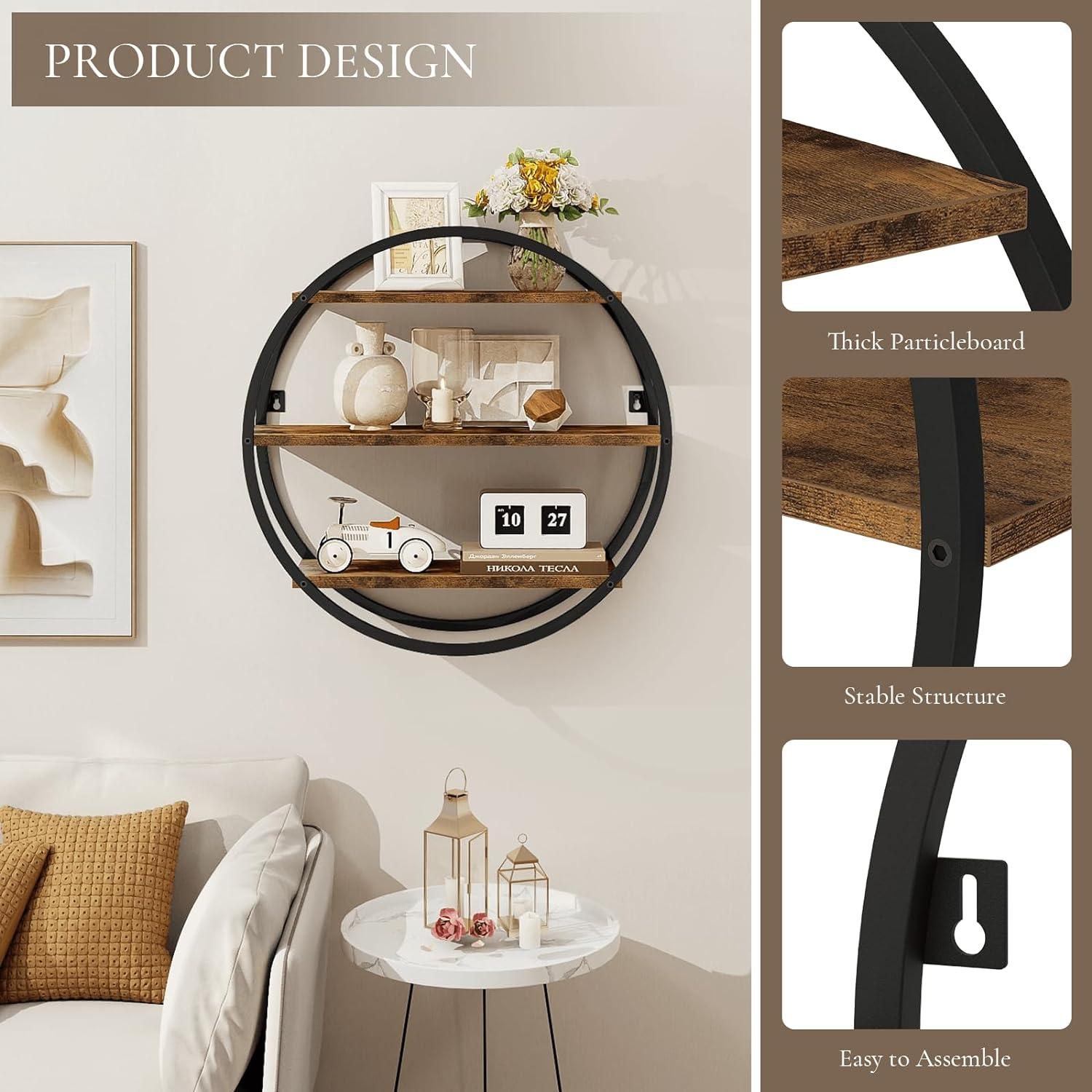 Floating Shelves, 3 Tier Decorative Geometric Circle Metal and Wood Wall Shelves, Bathroom Shelf Round Wall Decor, Rustic Brown