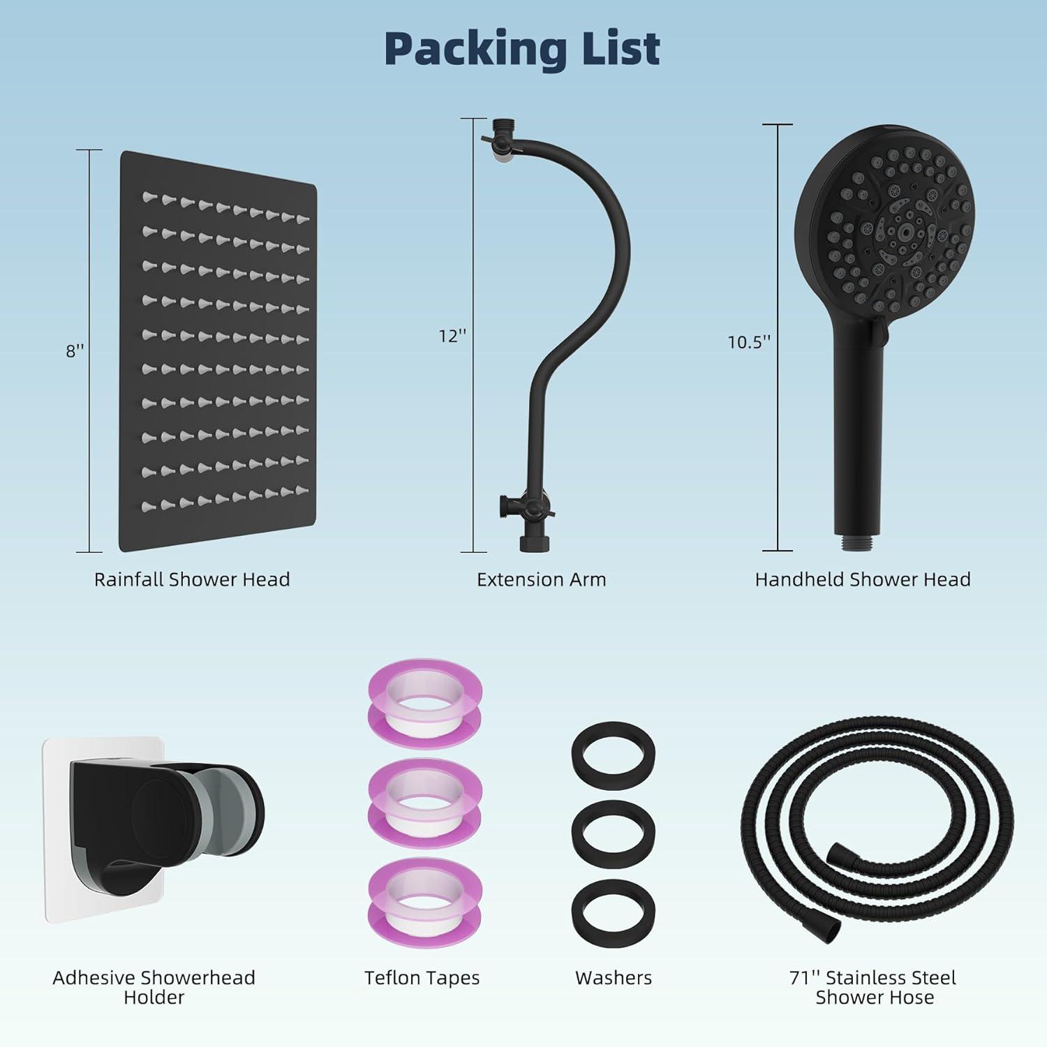 Hibbent 8 Inch Metal Rainfall Shower Head/Handheld Showerhead Combo SCW01-HS070-AS080-MB