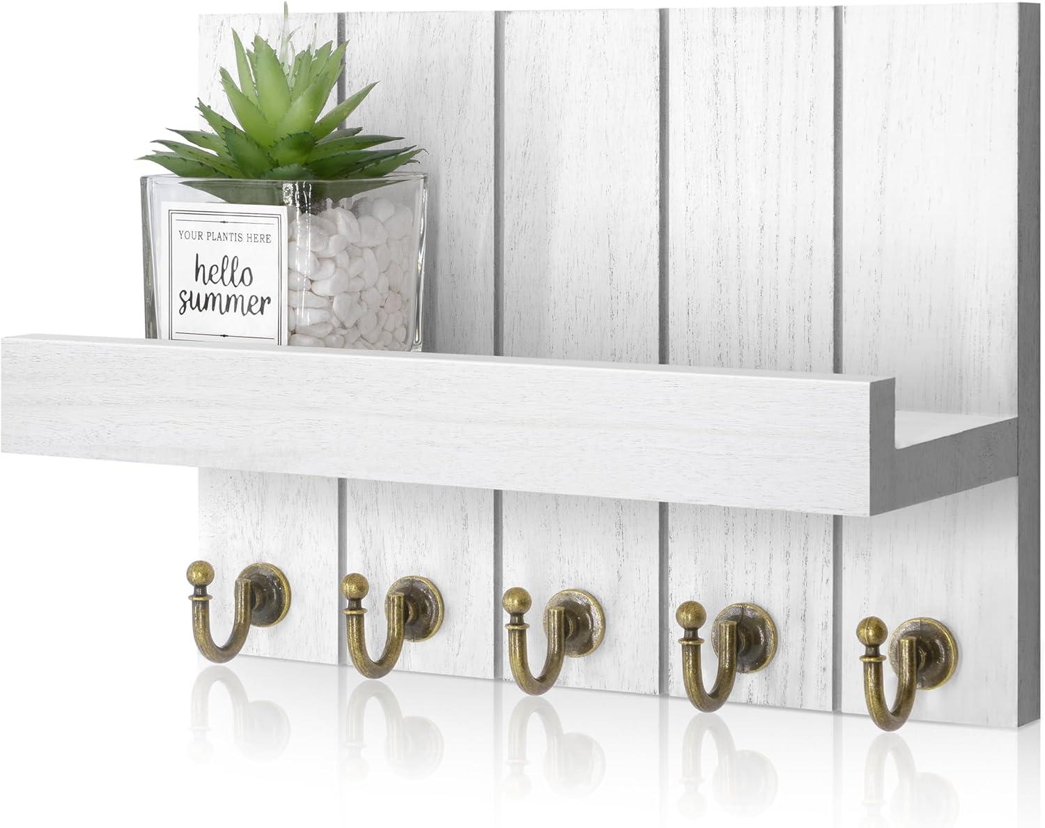 Rebee Vision Key Holder Wall Mount - Decorative Key and Mail Organizer for Wall with Shelf - Entryway and Living Room Decor(White)