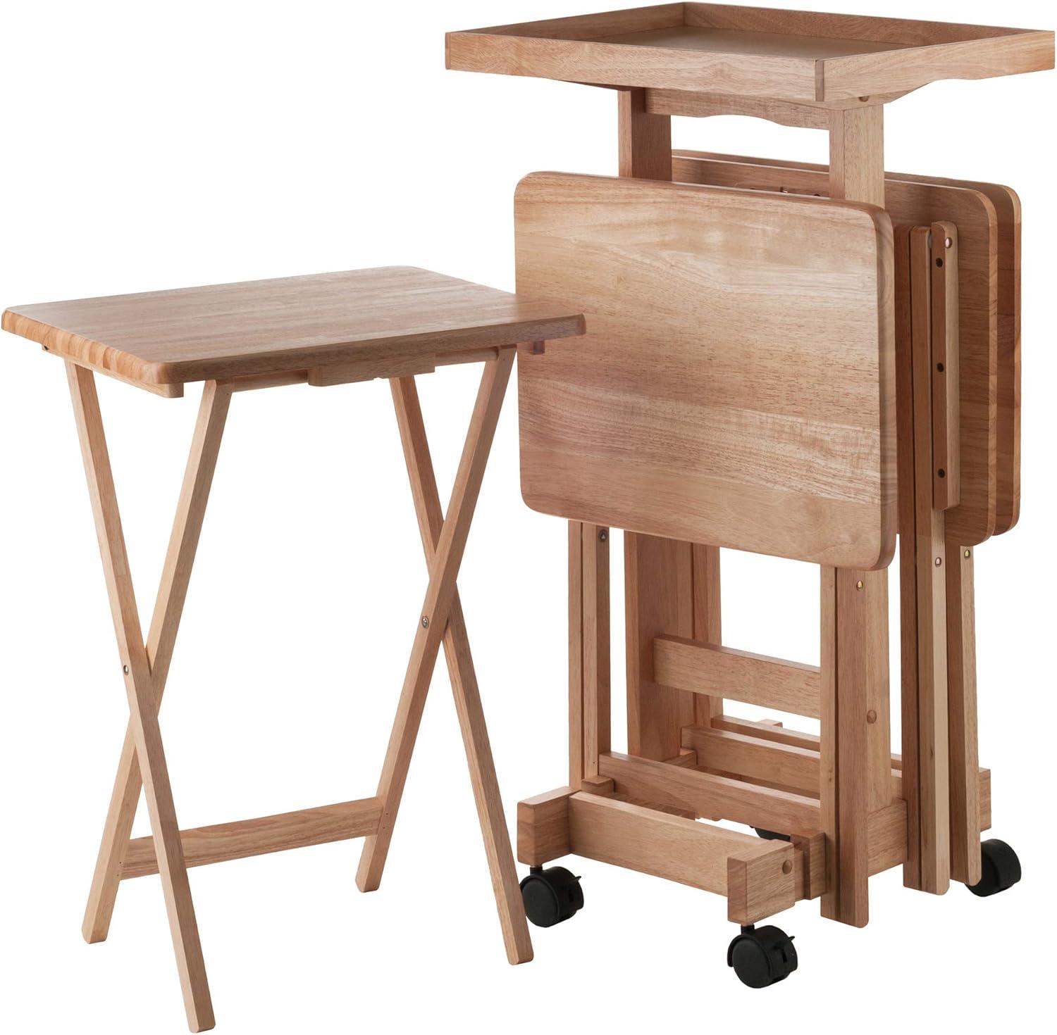 6pc Snack Table Set - Natural - Winsome: Hardwood Construction, Foldable with Wheeled Storage Frame