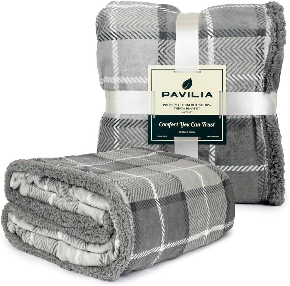 Light Gray Plaid Sherpa Fleece Twin Throw Blanket