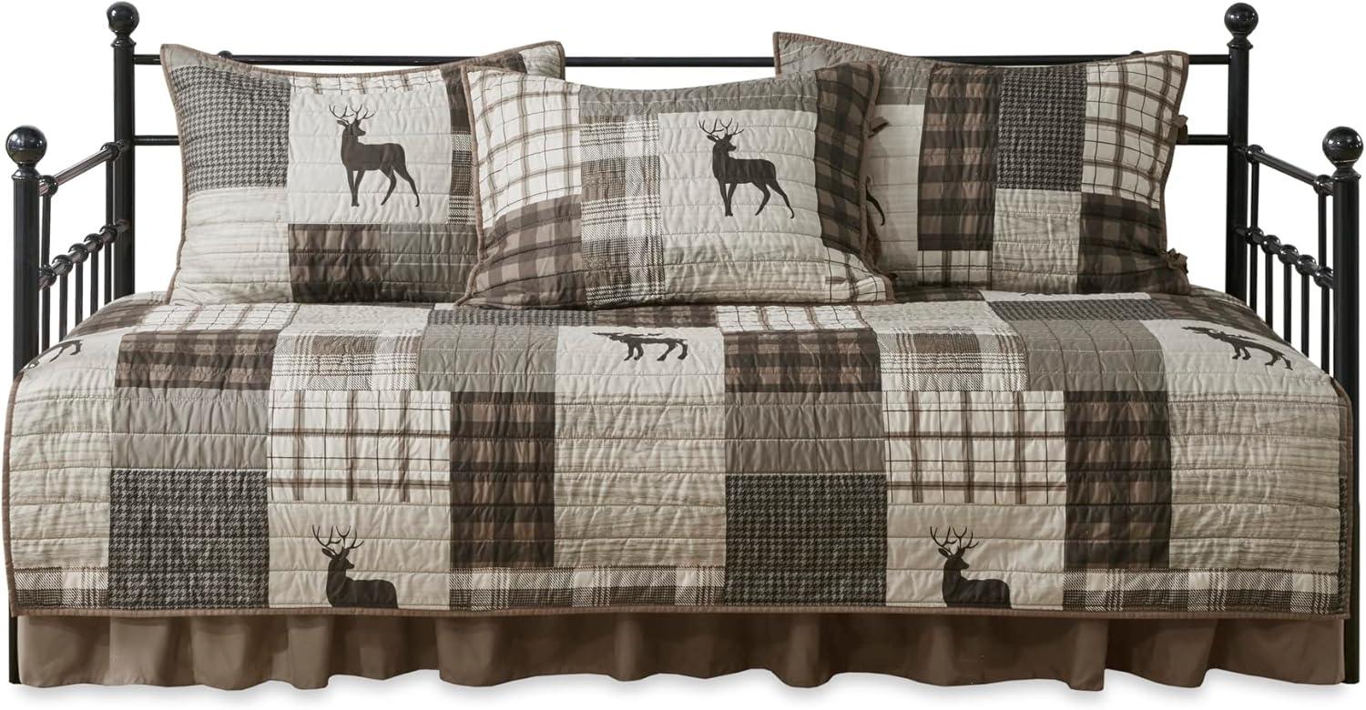 Woolrich Daybed Cover Set - Cabin Lifestyle, Patchwork with Moose Design All Season, Lightweight and Breathable Cozy Bedding Layer with Bedskirt, Matching Shams, 39" W x 75" L, Woodshed Brown 5 Piece