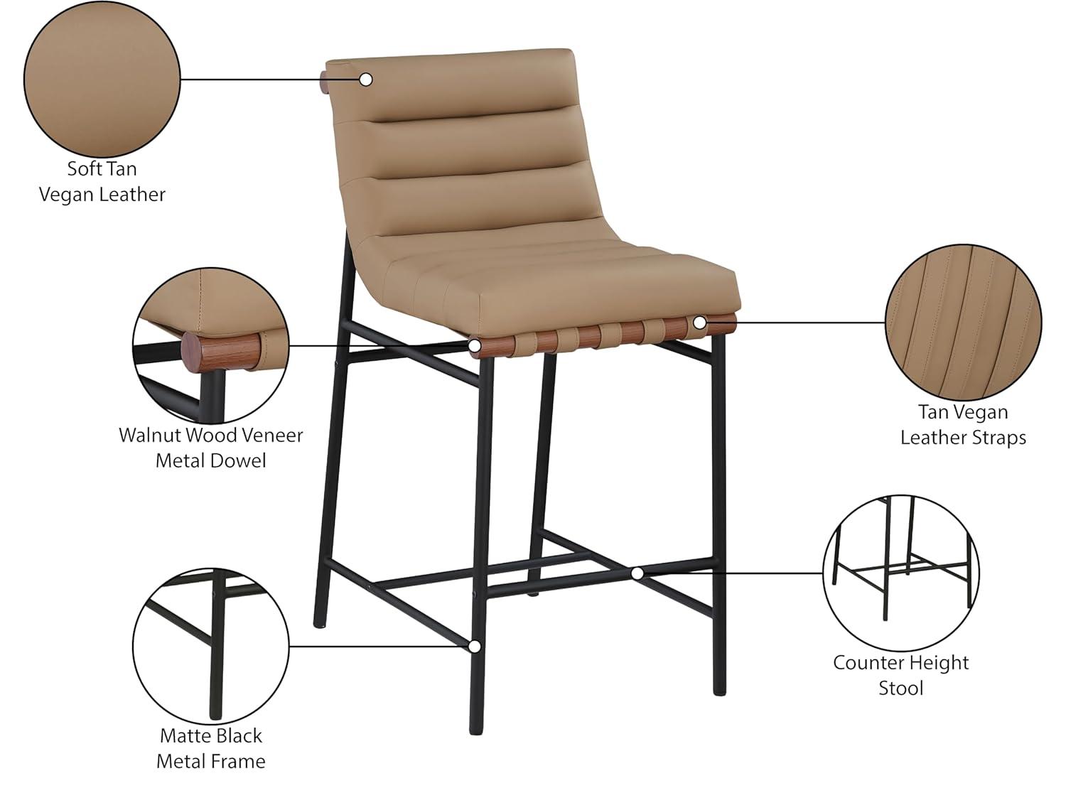 Meridian Furniture 813Tan-C Burke Collection Modern | Contemporary Counter Stool with Soft Tan Vegan Leather, Tan Vegan Leather Straps, Matte Black Metal Frame, 18" W x 24" D x 37.5" H, Tan