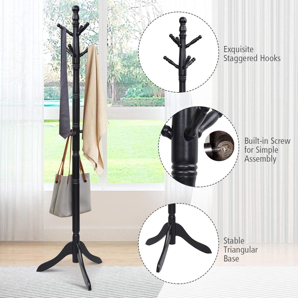 Wood Coat Rack Freestanding, Entryway Height Adjustable Coat Stand with 9 Hooks & Stable Tri-Legged Base, Rubber Wood Coat Tree Hall Tree Coat Hanger Stand for Home Office Hall Entryway, Black