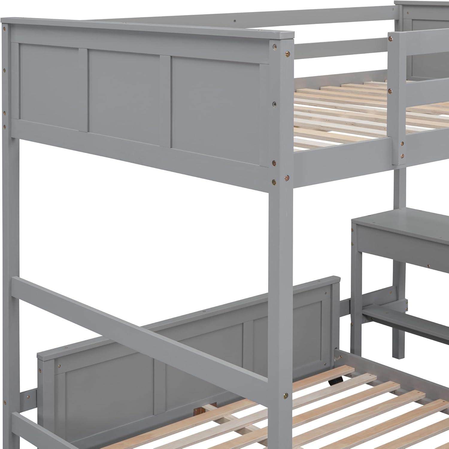 Gray Full Over Full Pine Wood Bunk Bed with Desk and Drawers