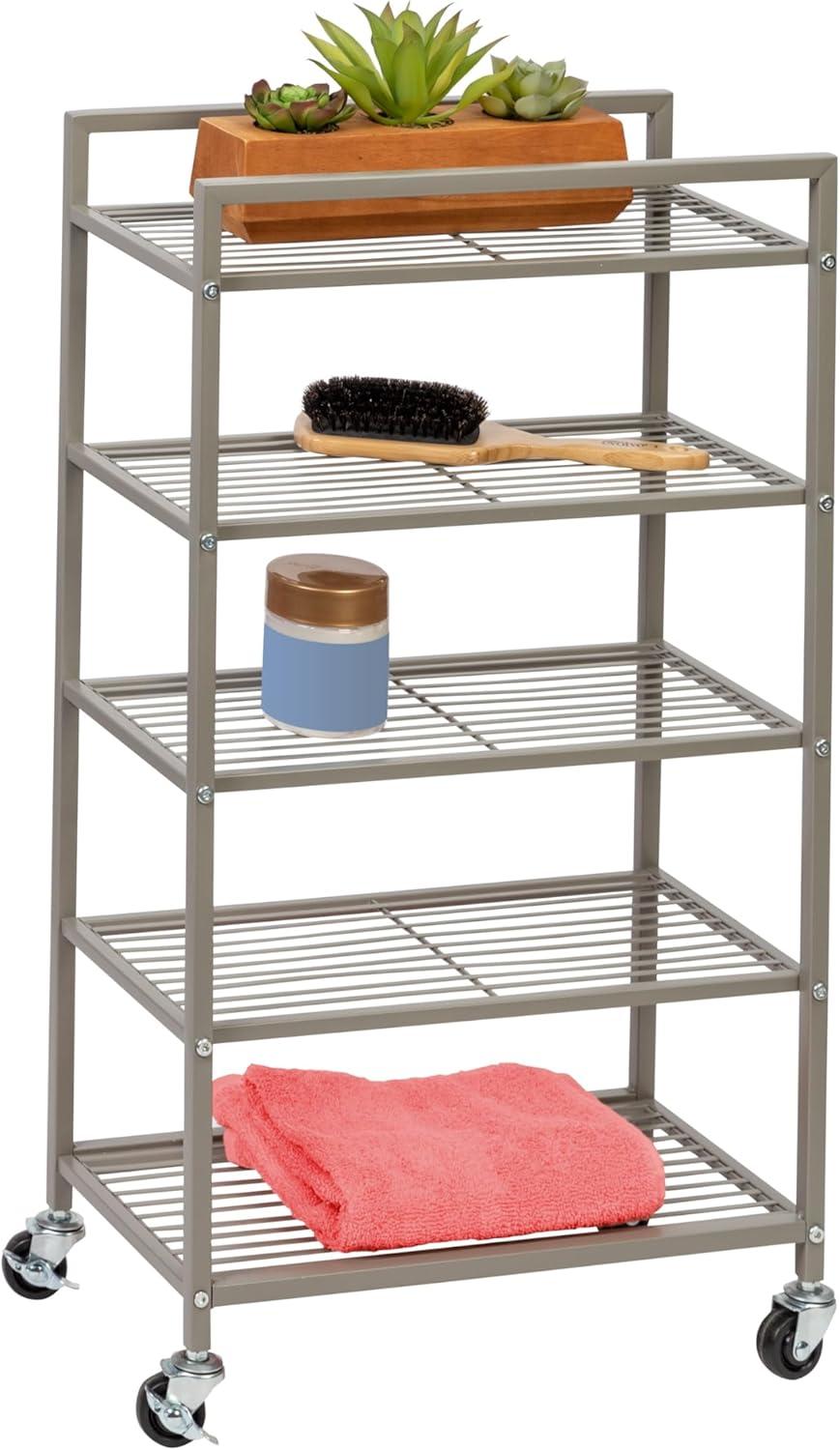 Honey-Can-Do 5-Tier Rolling Bathroom Steel Storage Cart Silver: Space-Saving Organizer, Fixed Shelves, with Anti-Tip Hardware