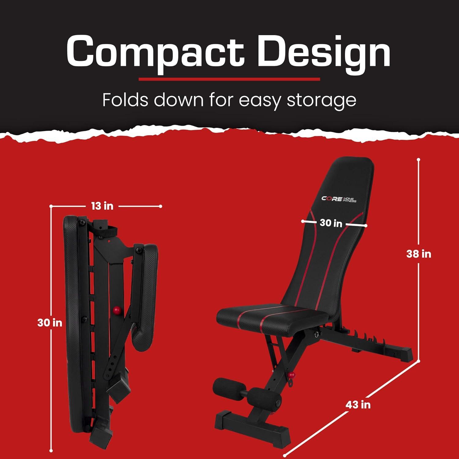 Adjustable Bench By Core Home Fitness, Foldable Weight Bench, Incline/Decline/Flat Bench, 7 Back Adjustments, Adjustable Seat, Black/Red (51MAB)