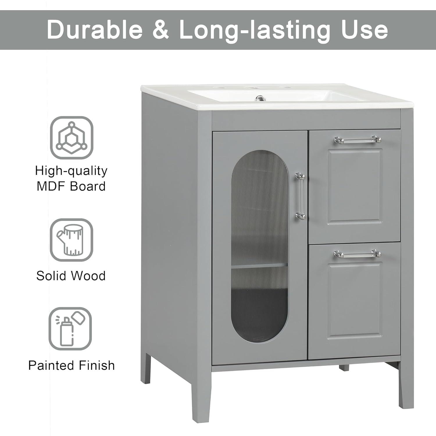 Tryimagine 24" Bathroom Vanity With Sink, Bathroom Vanity Cabinet With Two Drawers And Door, Adjustable Shelf, Solid Wood And MDF