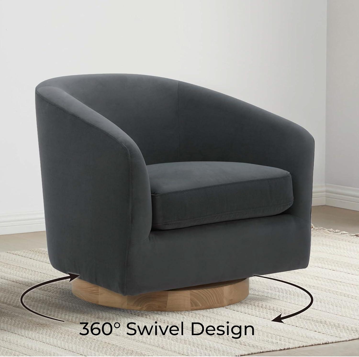Nereus Gray Velvet Swivel Accent Chair with Arms and Wood Base