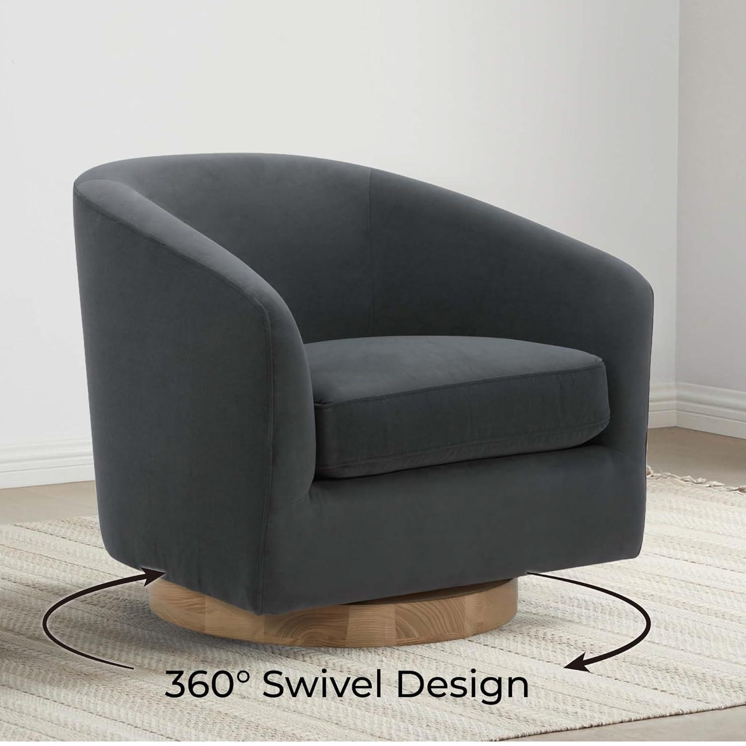 Nereus Gray Velvet Swivel Accent Chair with Arms and Wood Base