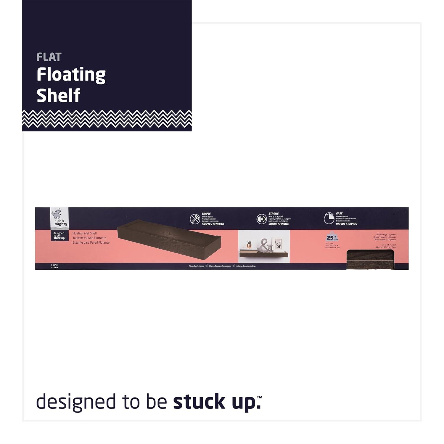 HIGH & MIGHTY Modern 36" Floating Shelf Holds up to 25lbs, Easy Tool-Free Dry Wall Installation, Flat, eCommerce Packaging, Espresso