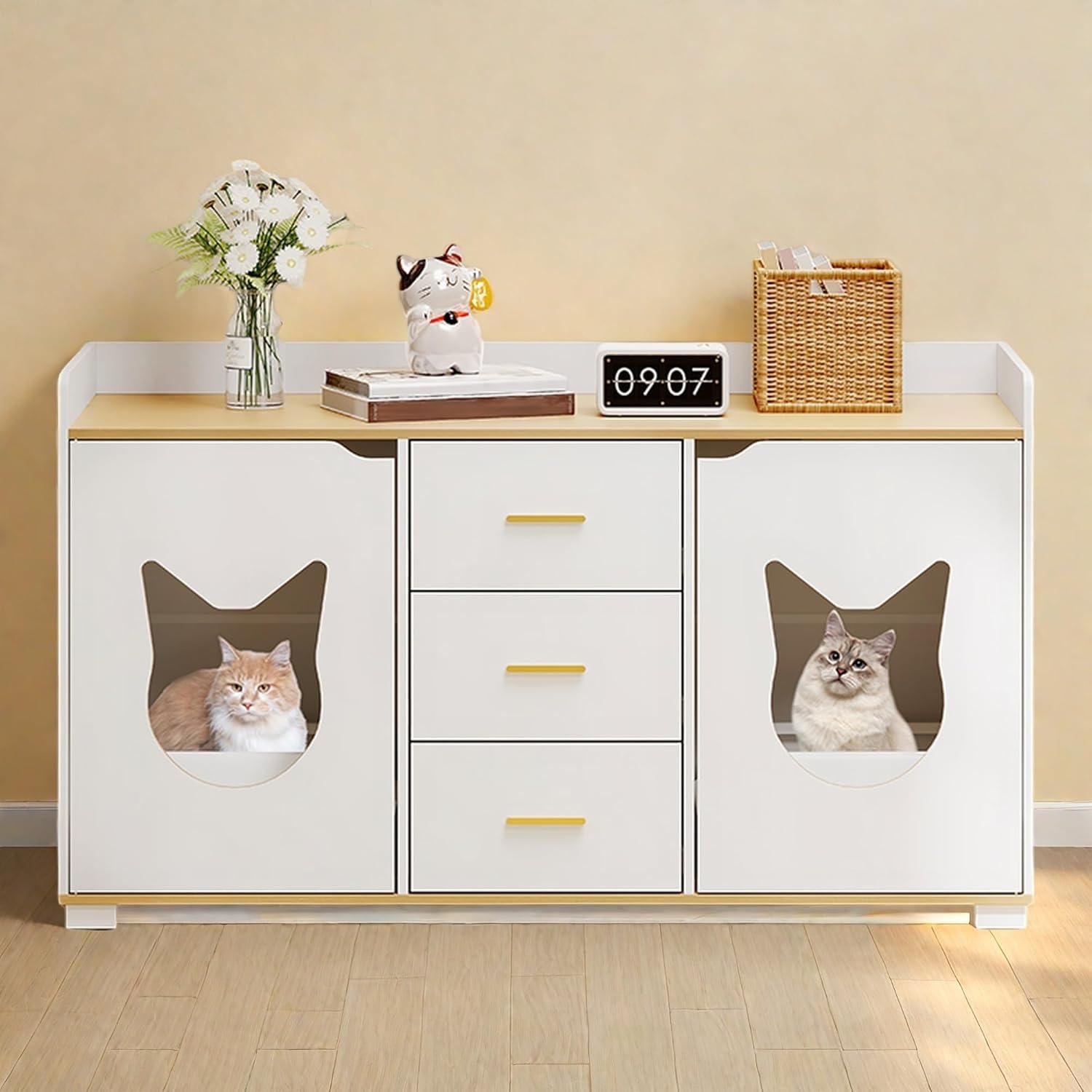 DWVO Large Hidden Cat Litter Box Enclosure Furniture with 2 Shelf Cat Washroom Storage with Charging Station，Wooden Cat Cabinet for Litter Box - Gray