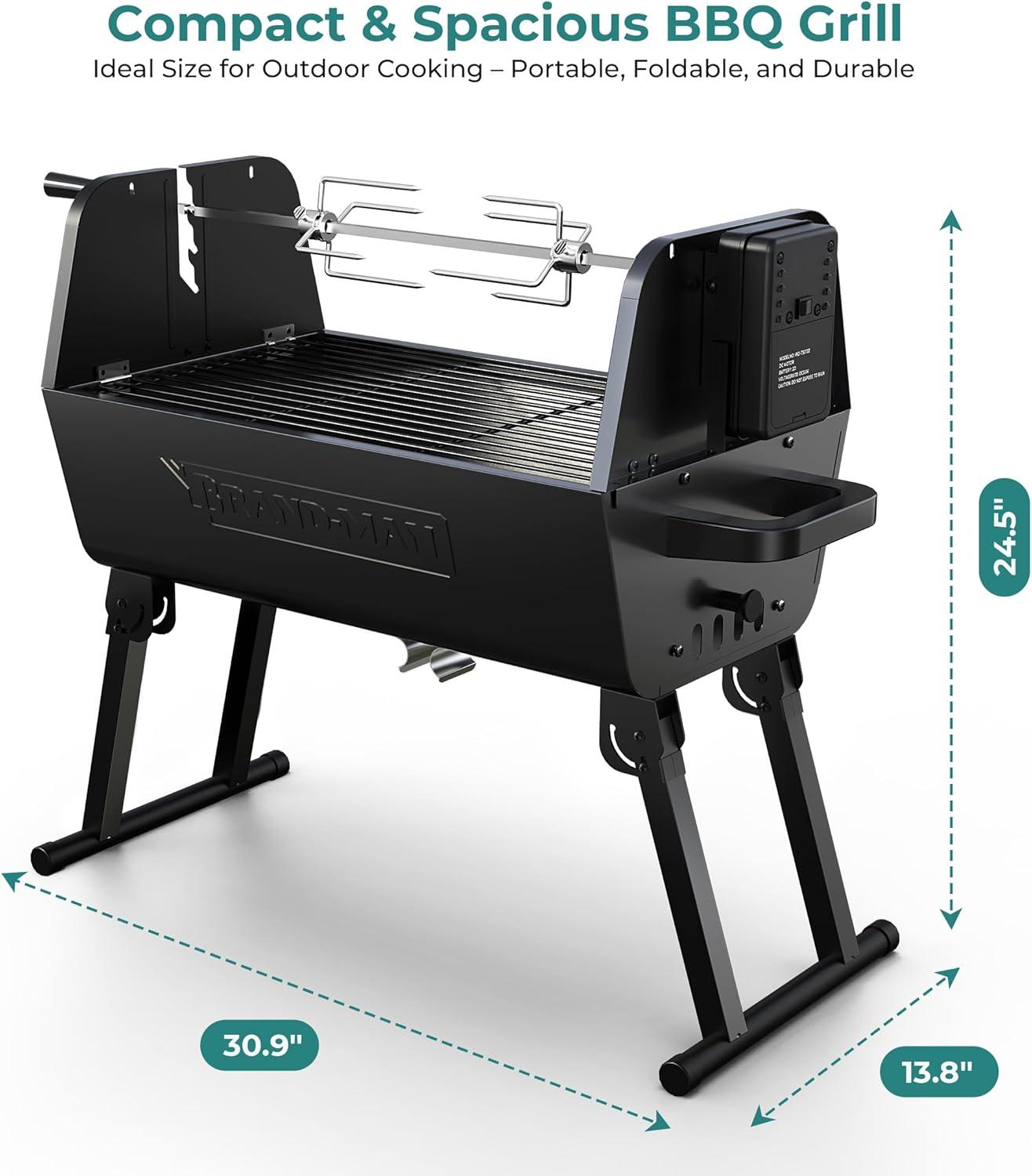Brand-Man 2 in 1 Charcoal Grill with Rotisserie Grill Kit, Portable ‎Enameled Steel Barbecue Grill, Stainless Steel Spit Roaster with Motor & Adjustable Height for Backyard Camping Patio Tailgating