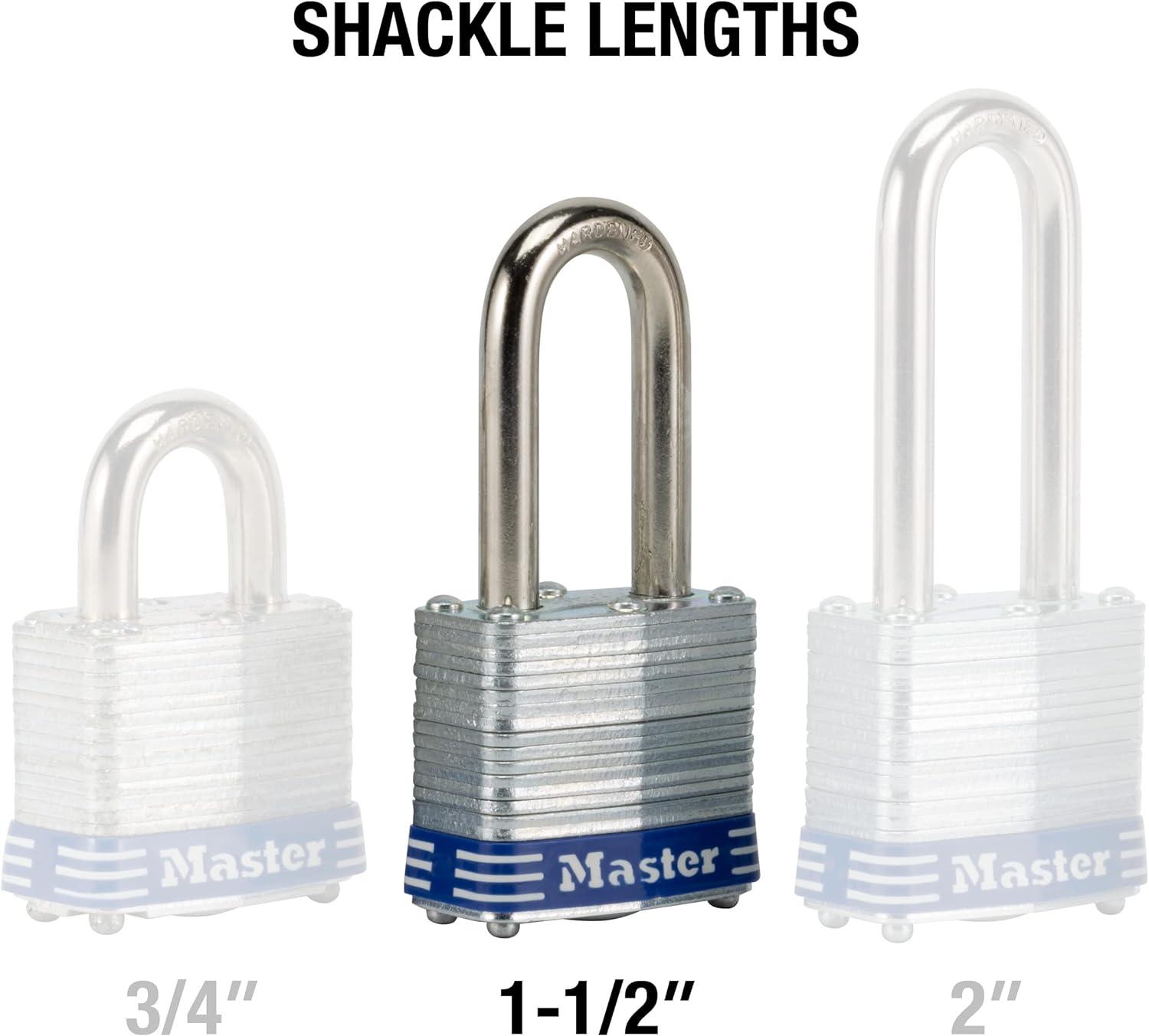 Master Lock Shackle 1 9/16" Key Padlock: Steel, Pin-Tumbler, Outdoor Gate Use, Automatic Locking, Silver, Storage Lock