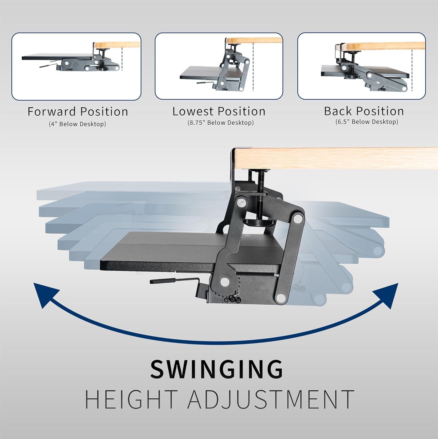 Black Adjustable Clamp-On Keyboard Tray with Swinging Height Adjustment