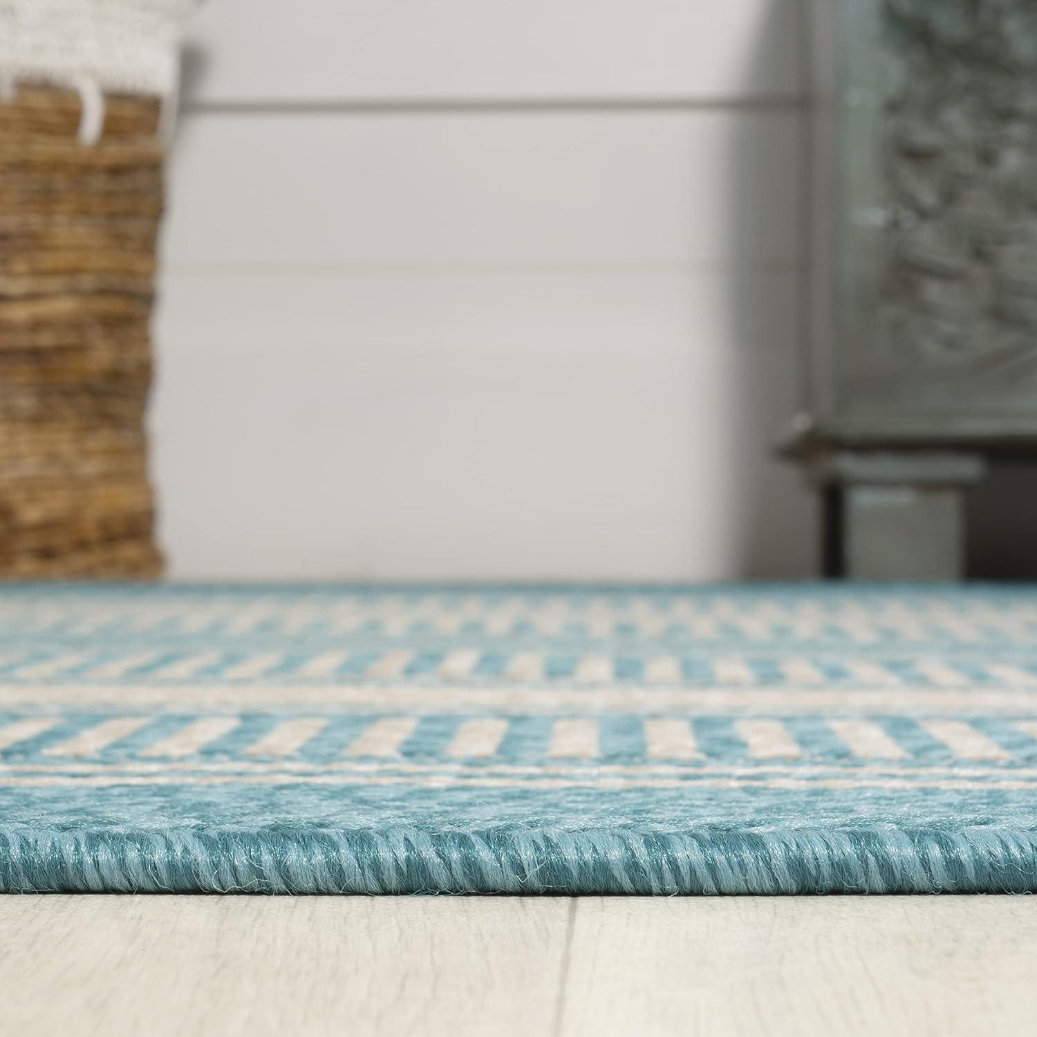 3' x 5' Haynes Modern Double Stripe Indoor/Outdoor Area Rug, Aqua/Beige - JONATHAN Y